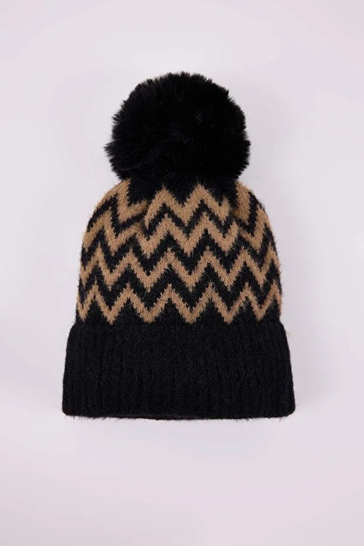 Black Zig Zag Knit Pom Pom Beanie Hat, Image 2 of 4