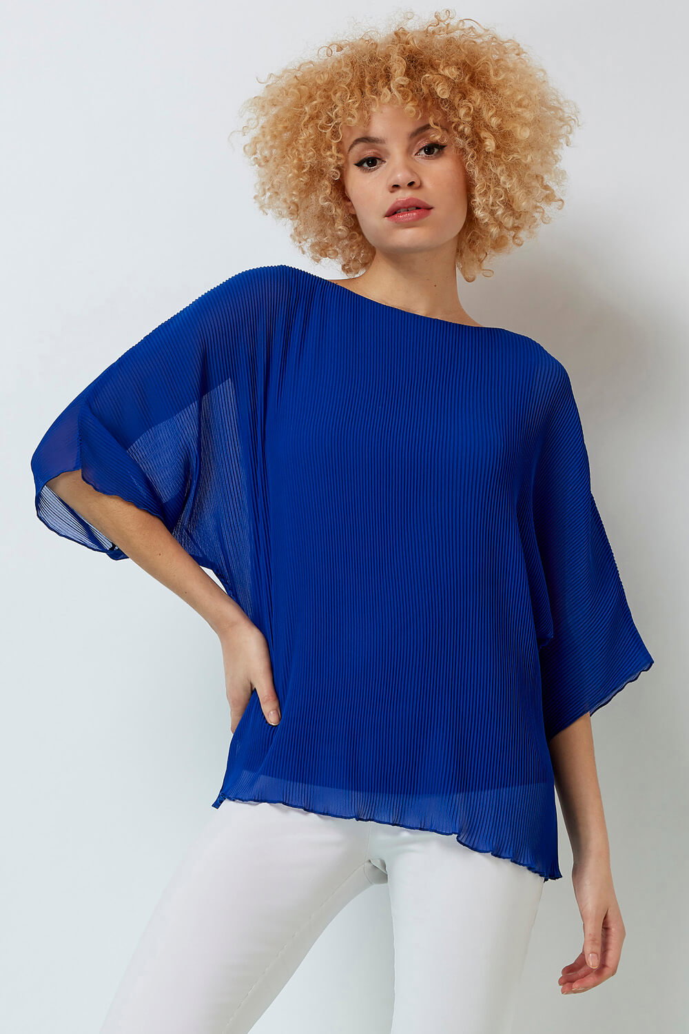 Royal Blue Pleated Chiffon Overlay Top, Image 1 of 8