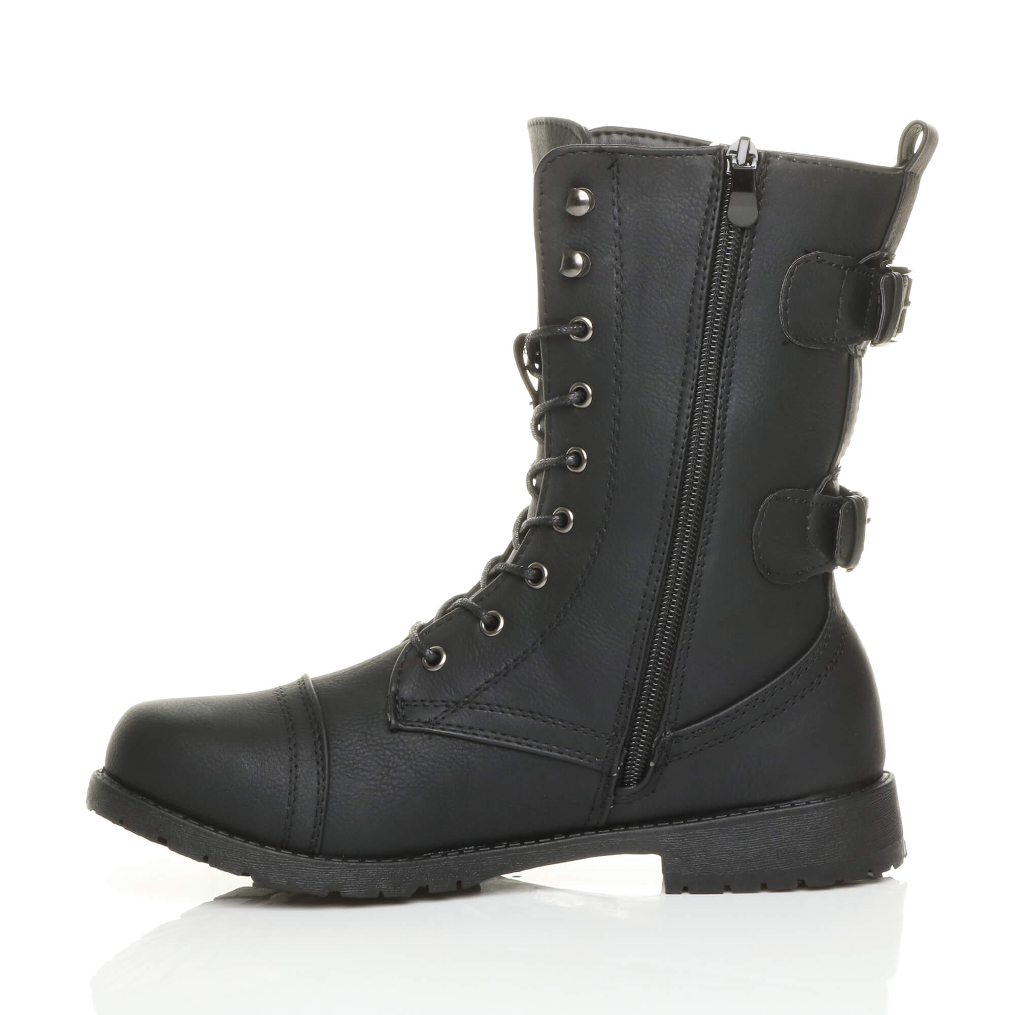 Black Lace Up Zips Military Biker Ankle Boots, Image 3 of 6