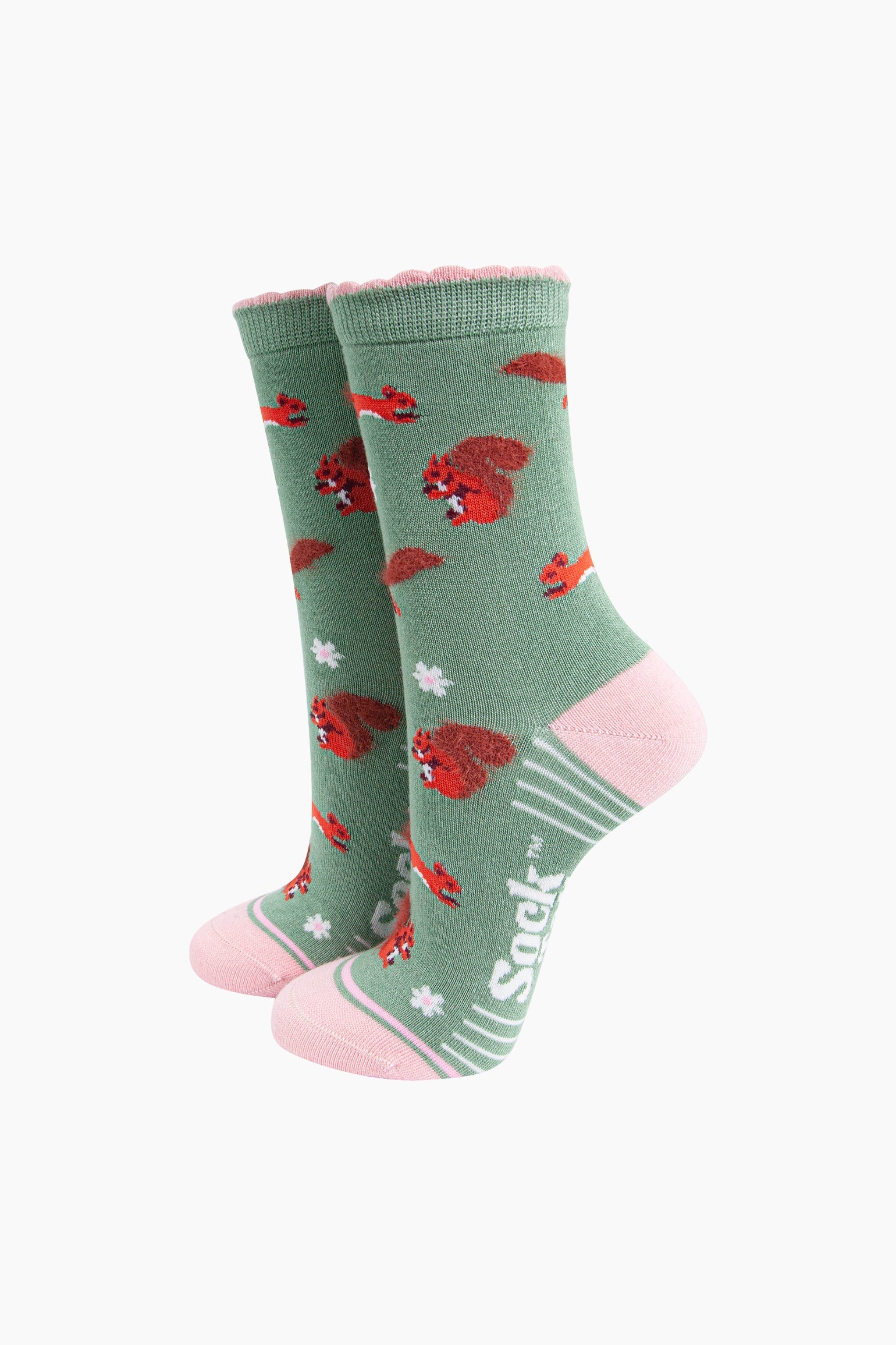 Mint Squirrel Floral Fluffy Bamboo Socks in Green, Image 1 of 4