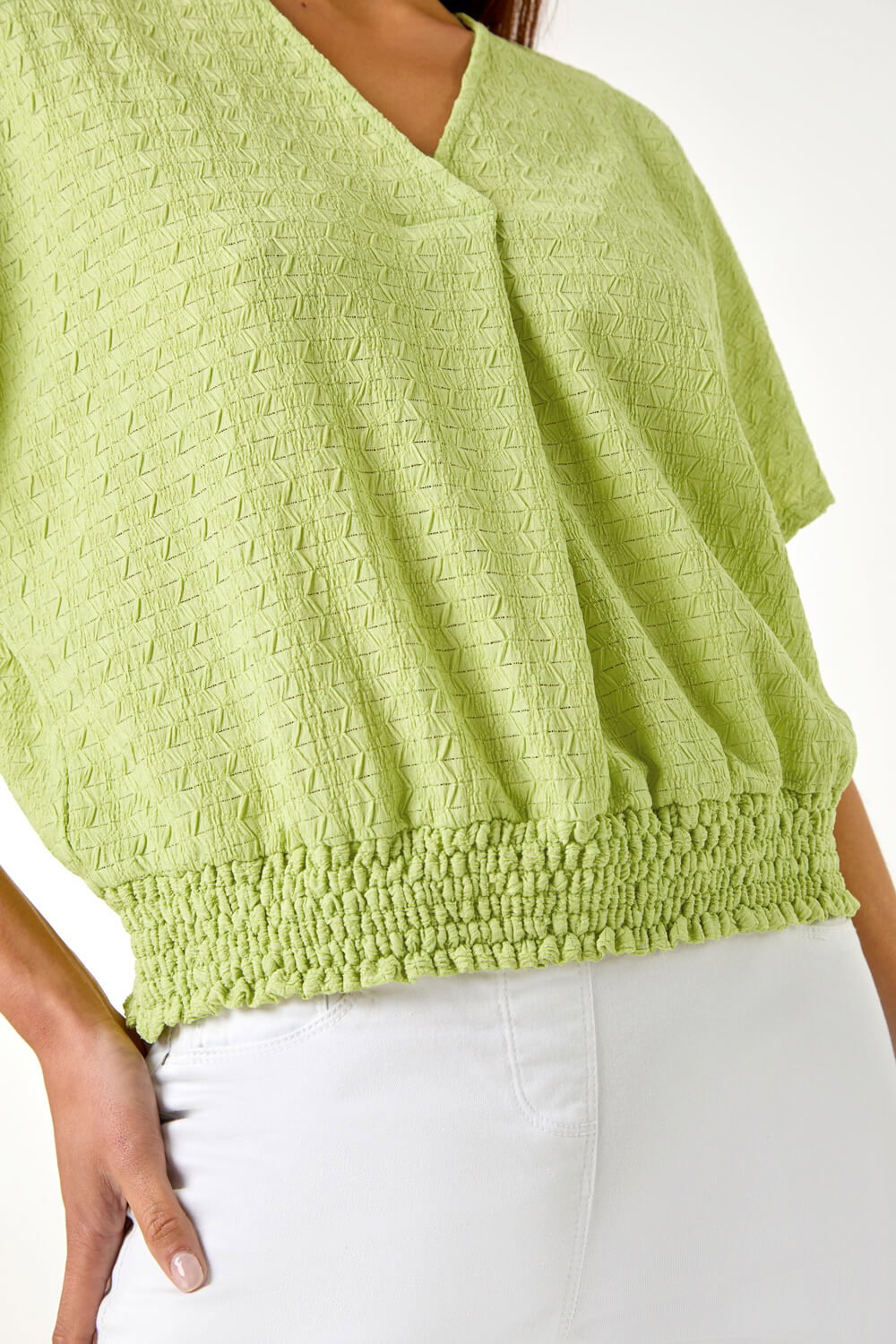 Sage Petite Textured Shirred V-Neck Stretch Top, Image 6 of 5