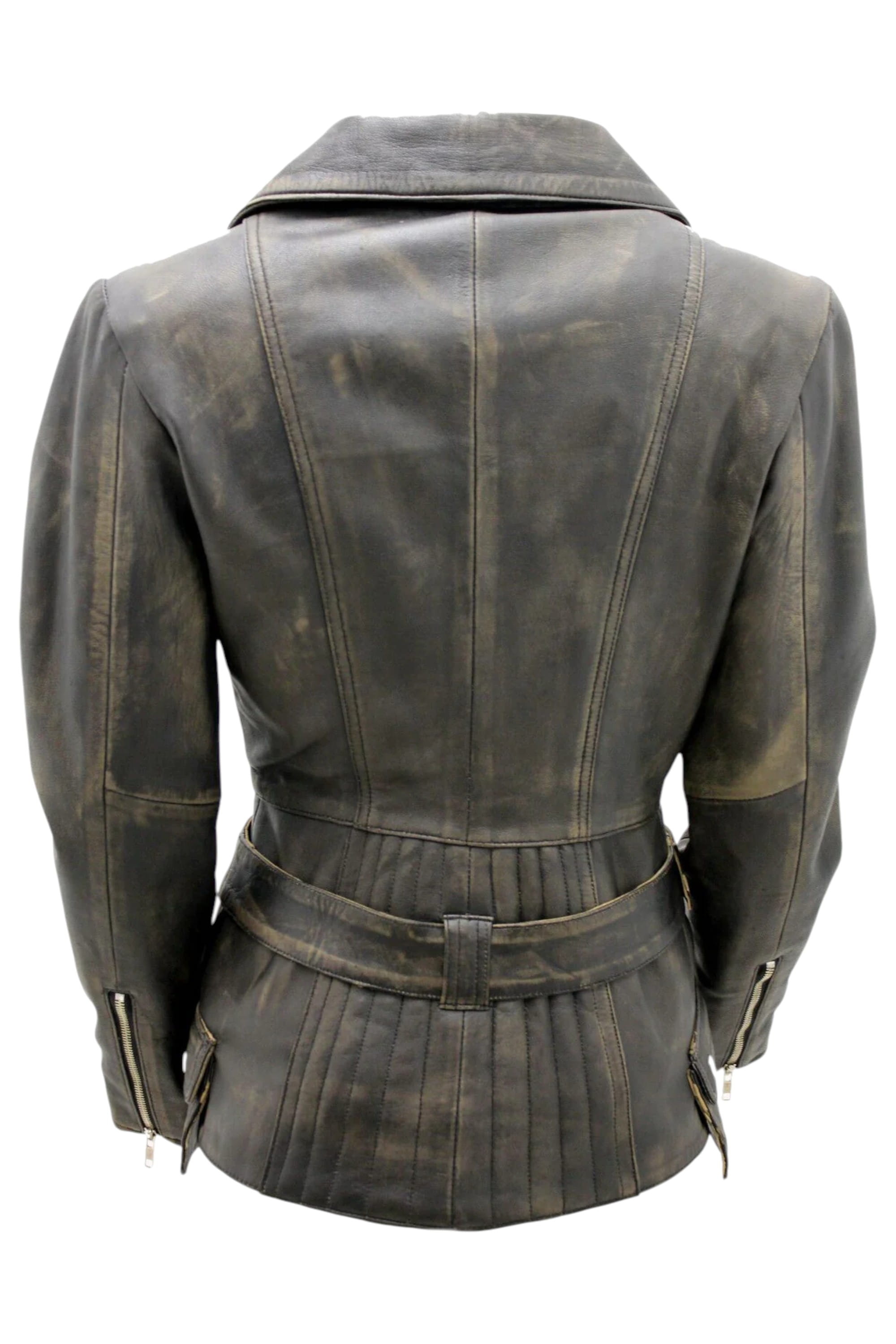 Charcoal Womens Long Leather Biker Jacket-Quito, Image 2 of 2