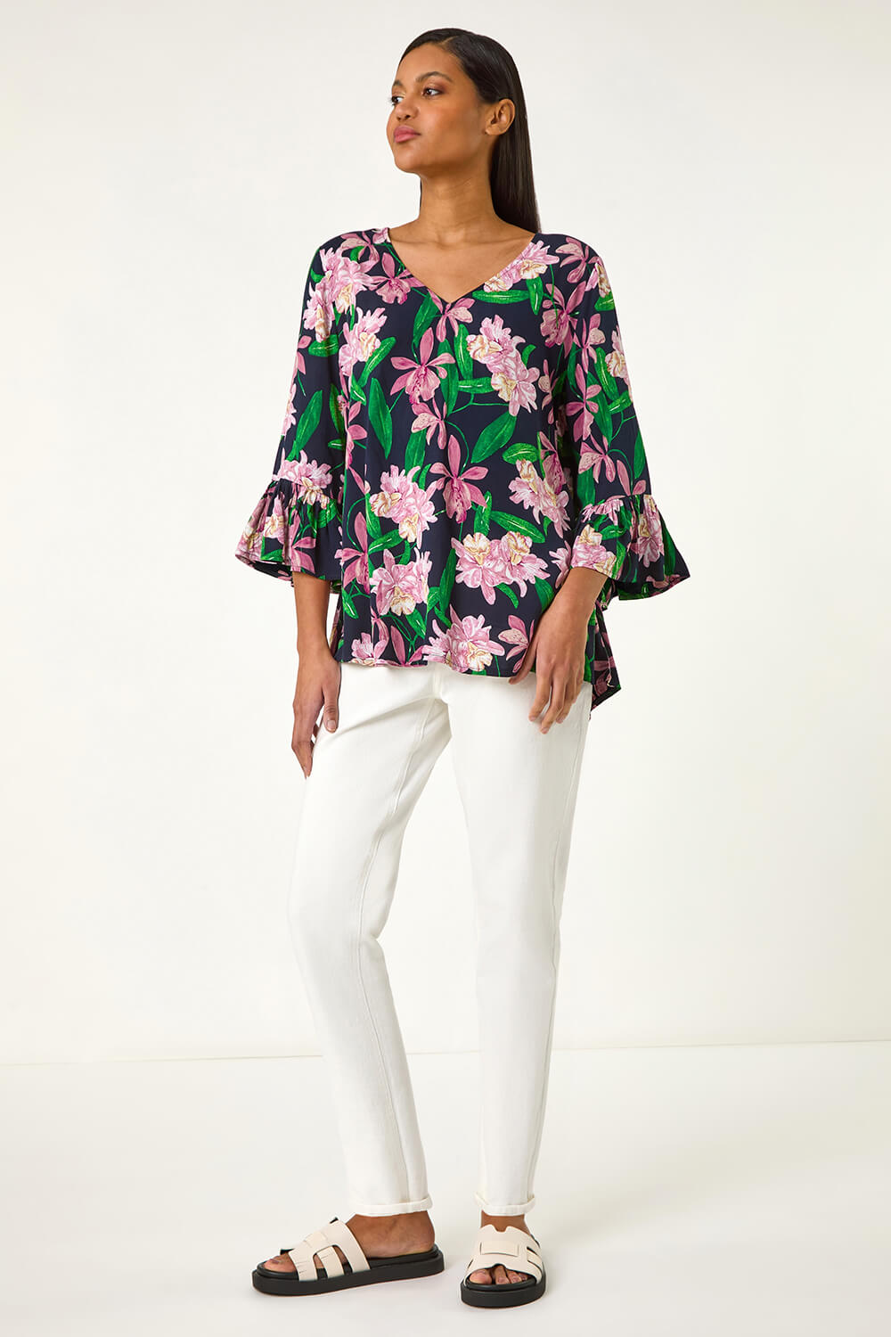 Pink Floral Flare Sleeve Top, Image 3 of 5