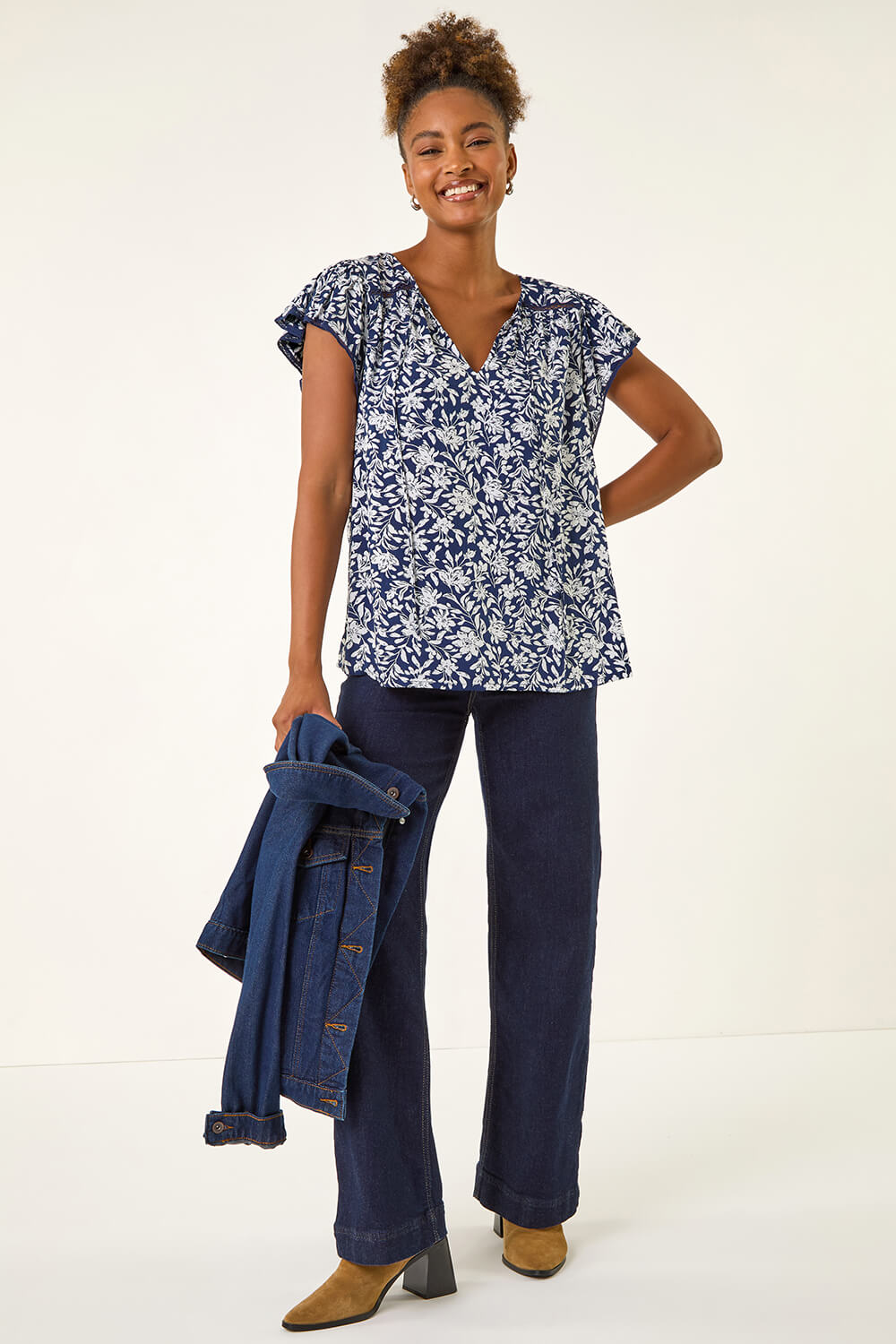 Roman Women's Navy Floral Print Frill Sleeve Tie Top Size 18