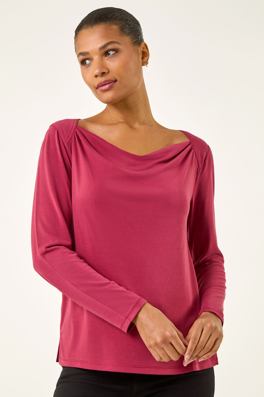 Burgundy Cowl Neck Premium Stretch Top, Image 3 of 5