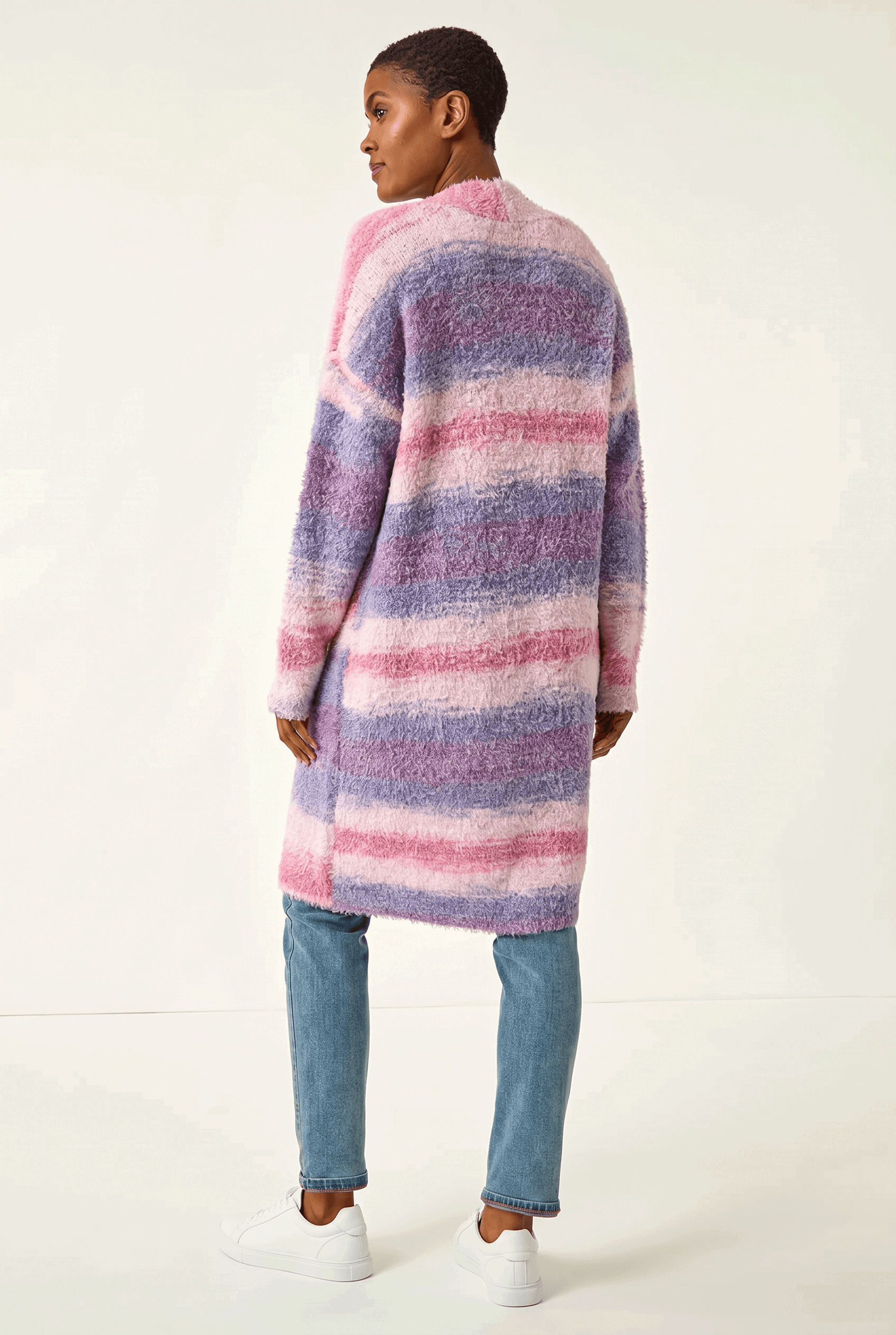 Pink Fluffy Stripe Longline Cardigan, Image 4 of 5