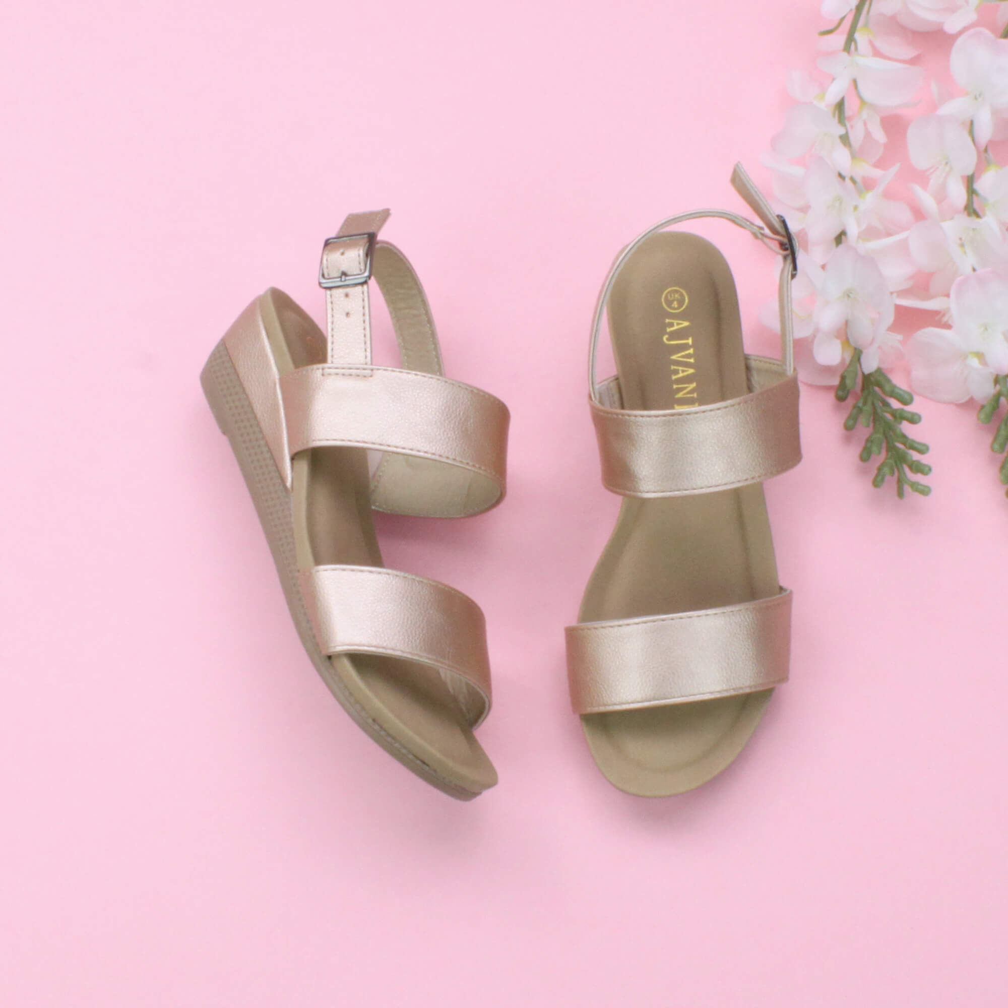 Rose Gold AJVANI Rose Gold Mid Wedge Heel Strappy Slingback Sandals, Image 4 of 6