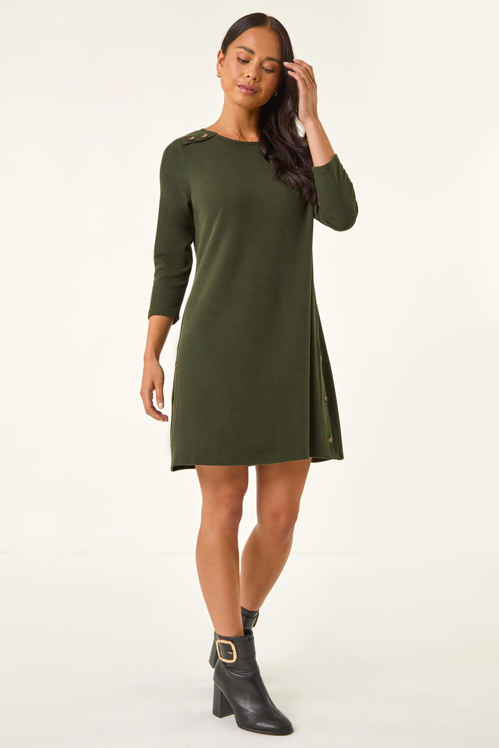 KHAKI Petite Buttoned Stretch Dress, Image 3 of 5