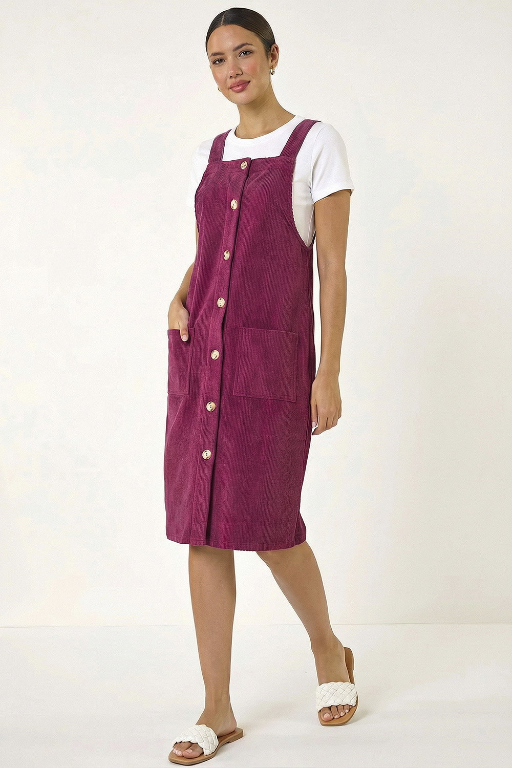 Wine Corduroy Pinafore Midi Dress, Image 3 of 6