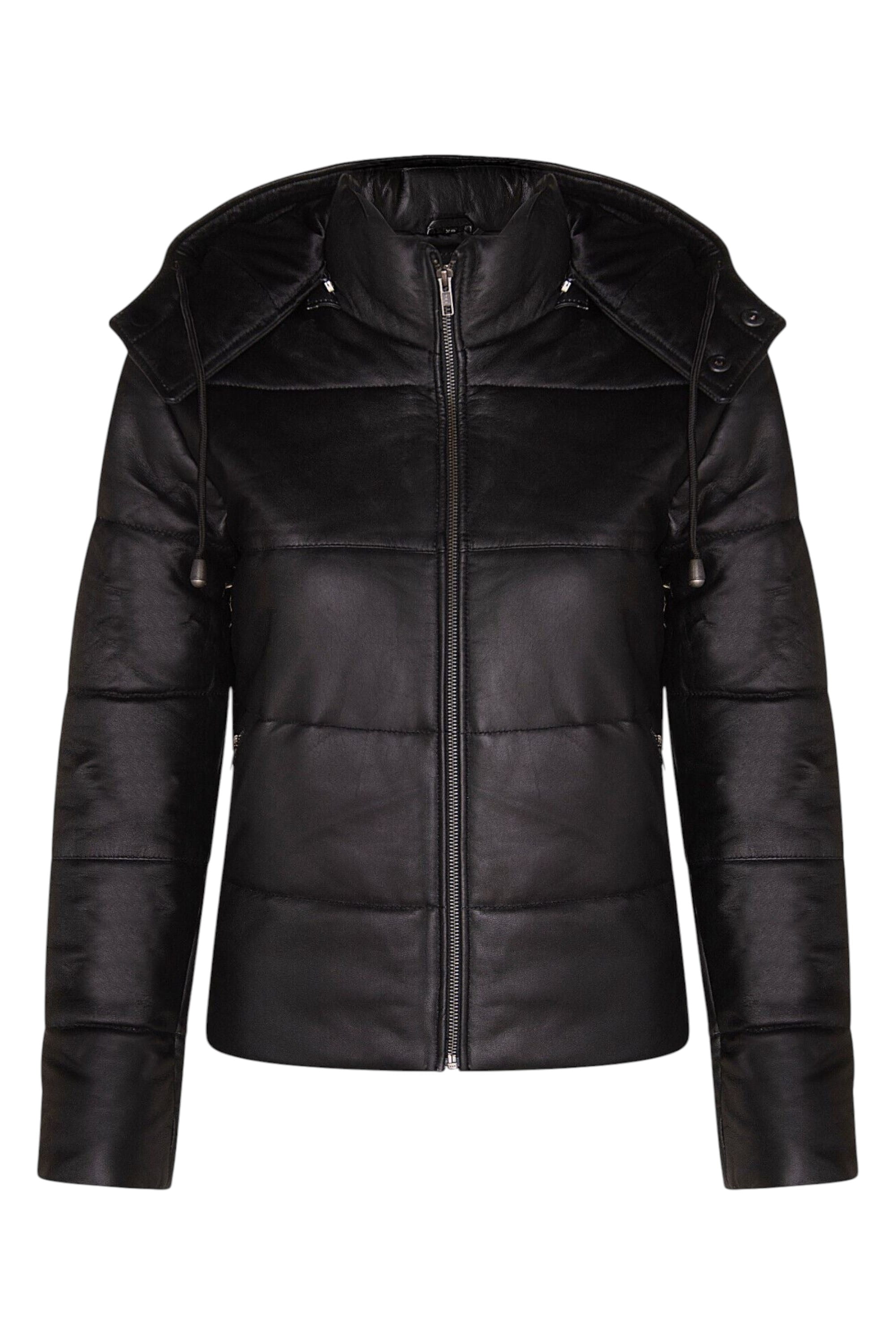Black Womens Puffer Leather Bomber Jacket-Ajax, Image 3 of 6