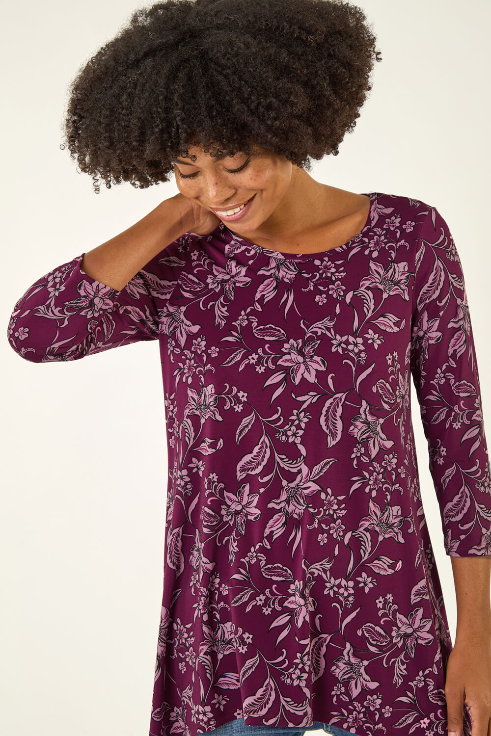 Burgundy Floral Hanky Hem Tunic Top, Image 5 of 5