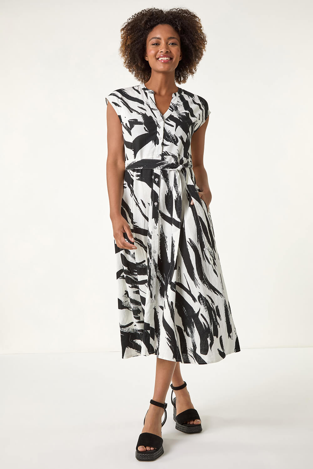 Roman Women's Black Brushstroke Linen Blend Midi Dress Size 16