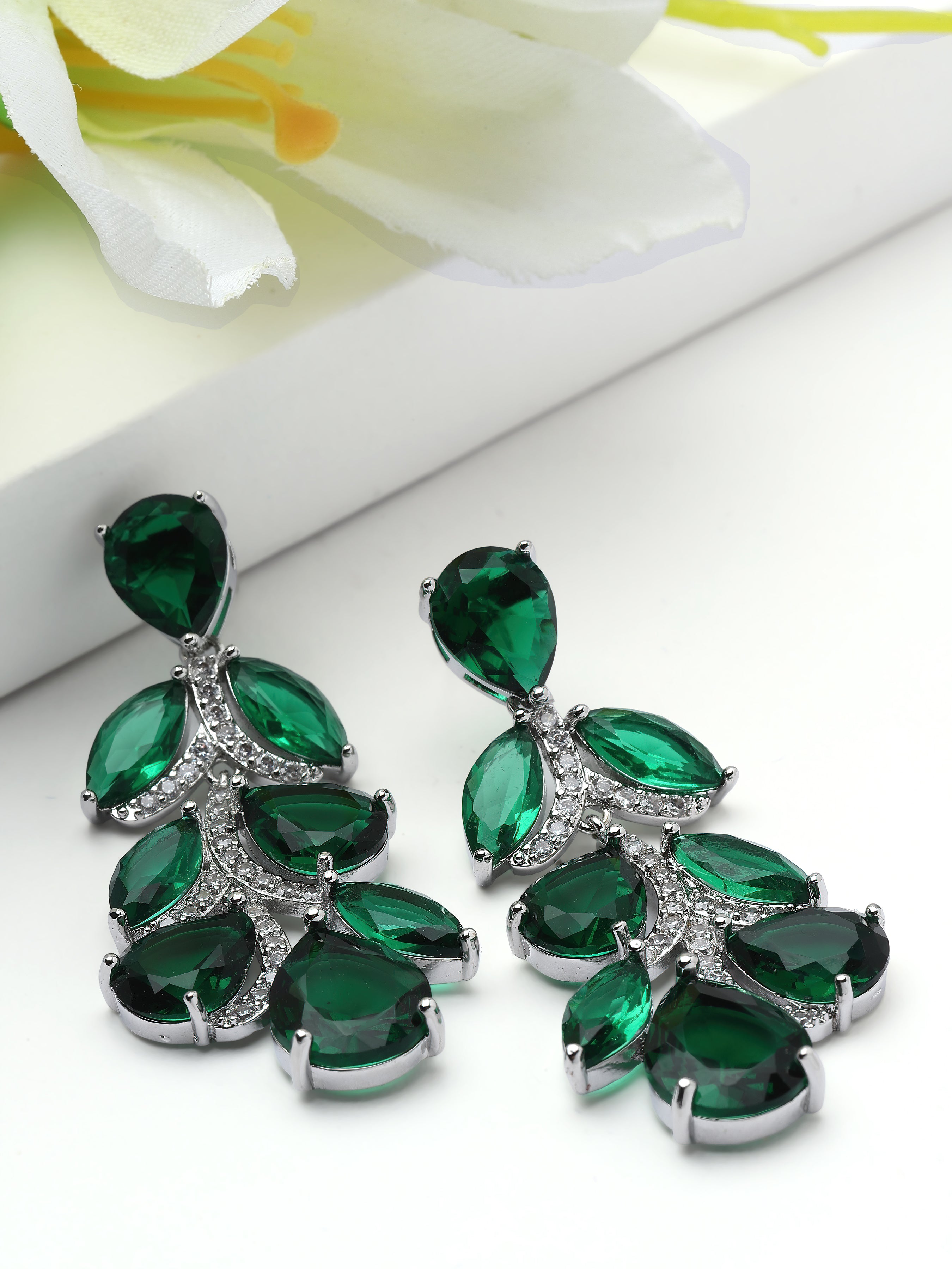 Dark Green Leaf Cluster Statement Drop Earrings, Image 3 of 3