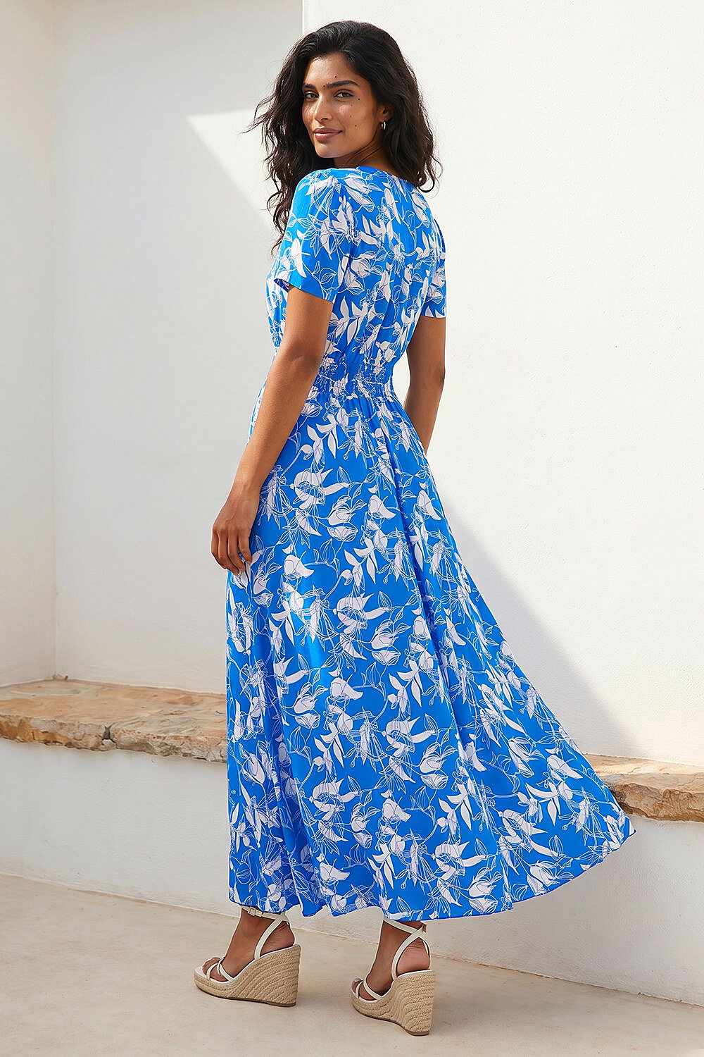 Royal Blue Floral Print Button Detail Maxi Dress, Image 4 of 4