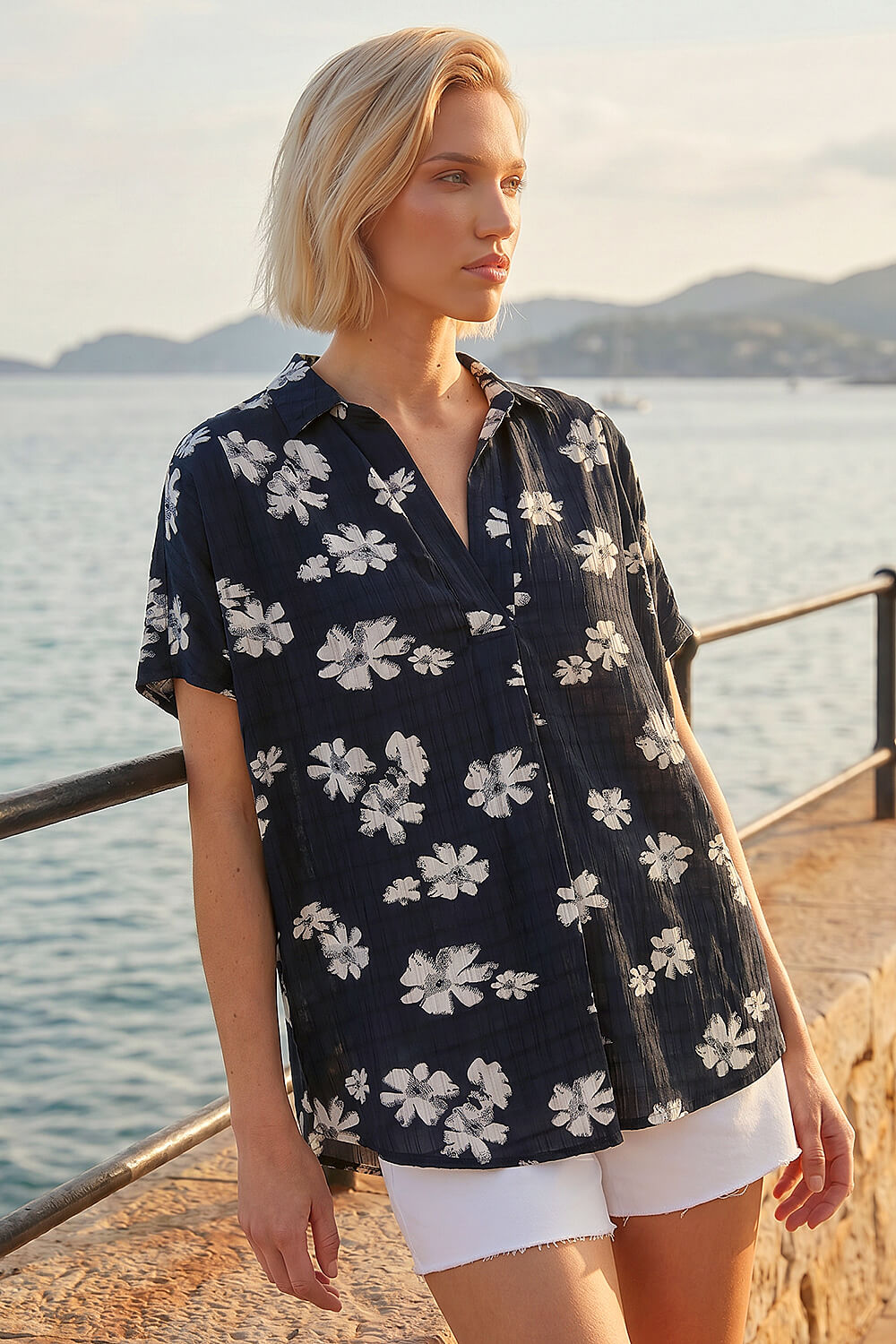 Black Floral Pleat Front Relaxed Overshirt, Image 1 of 4