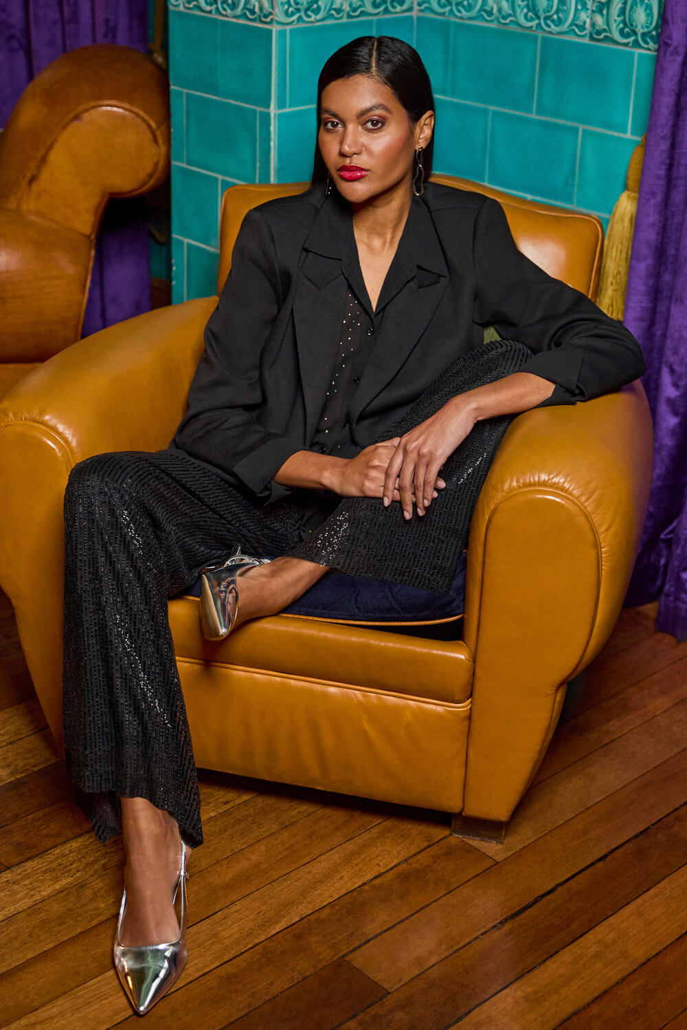 Black Sequin Wide Leg Trousers, Image 9 of 8