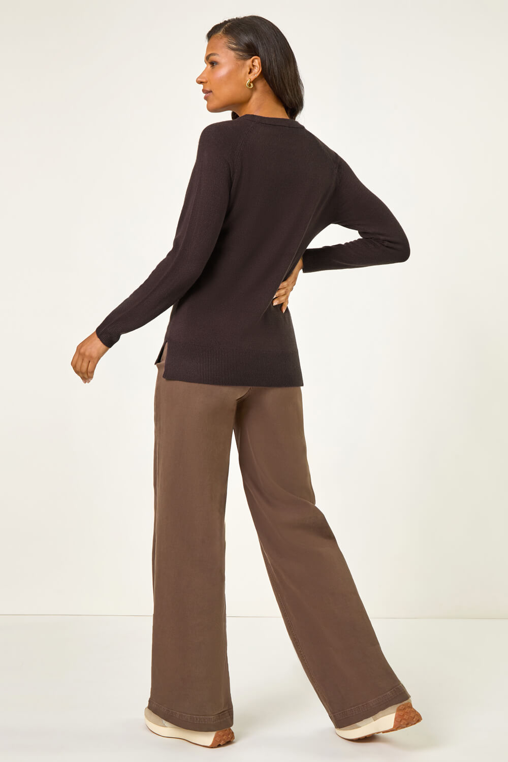 Chocolate Plain Soft Crew Neck Jumper, Image 4 of 5