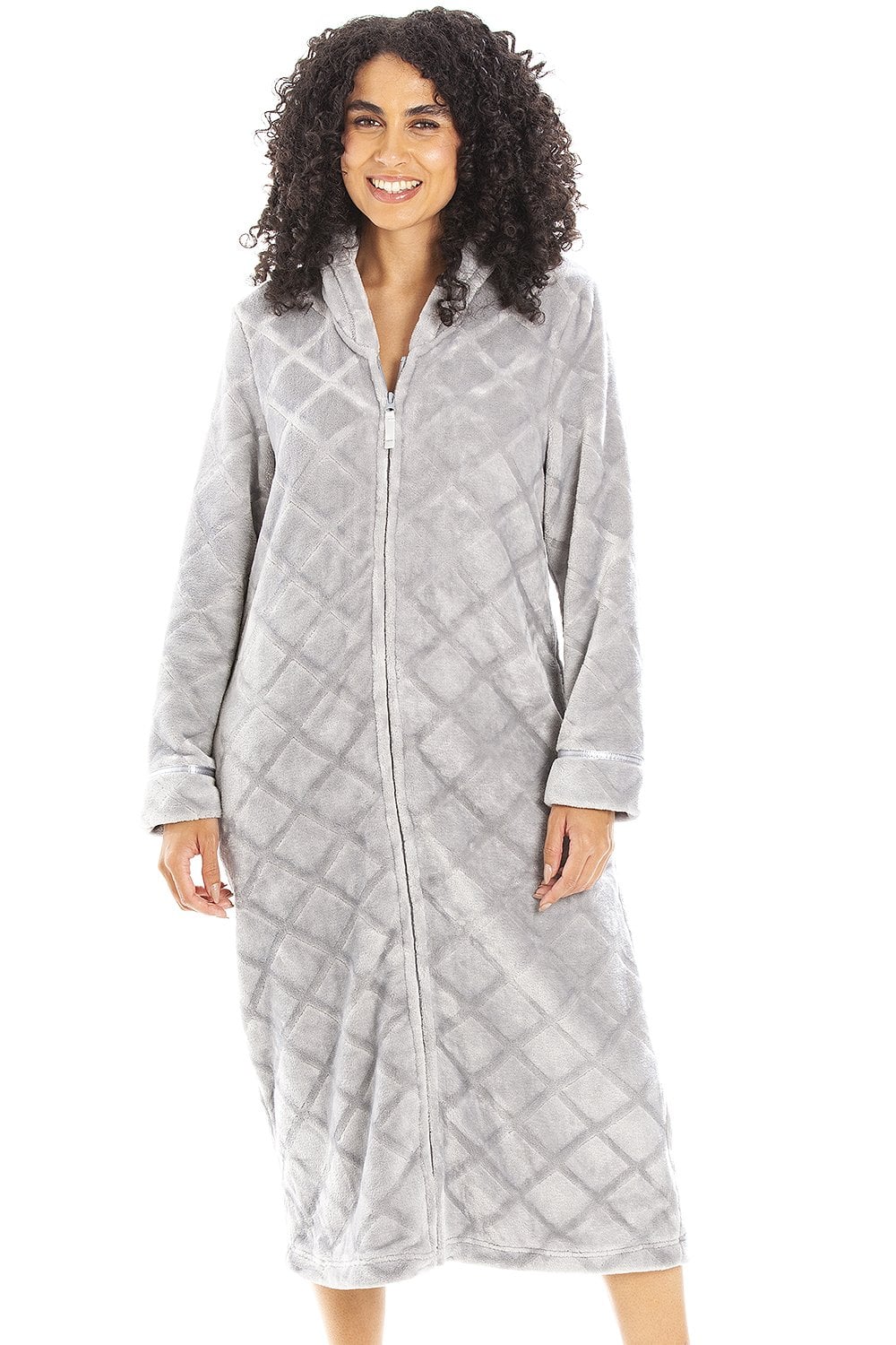 Grey Camille Lingerie Grey Full Length Zip Housecoat With Inseam Pockets, Image 4 of 5