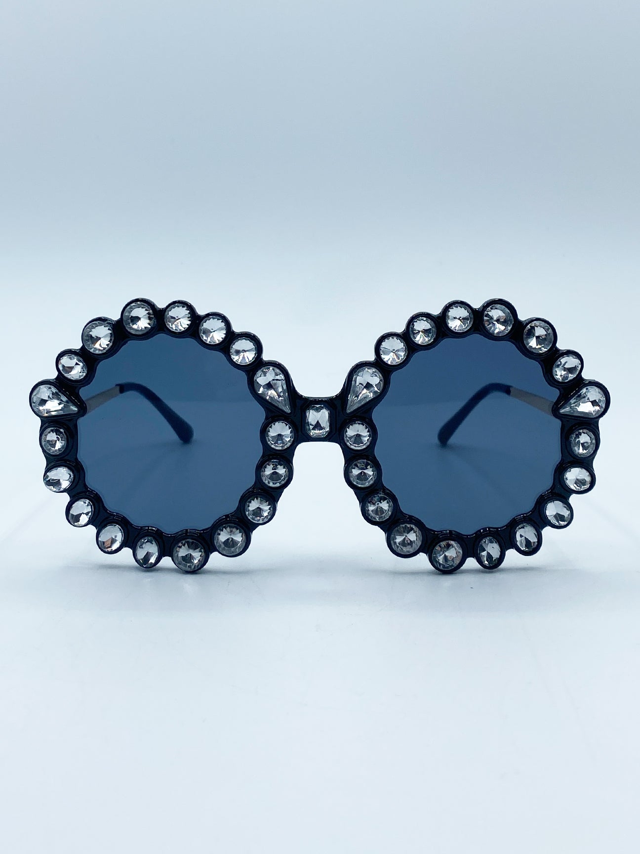 Black Round Floral Gem Novelty Sunglasses in Black, Image 1 of 6