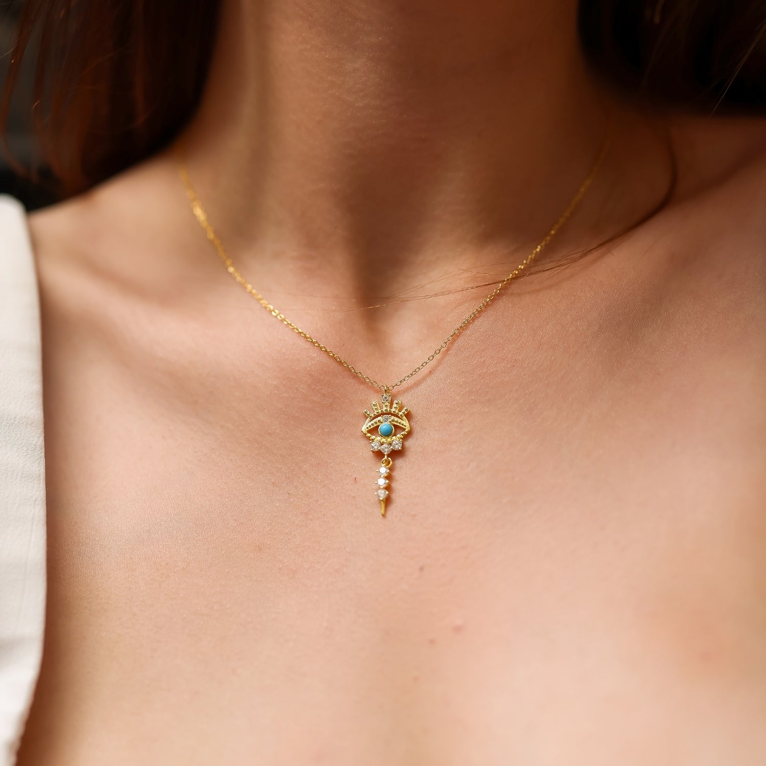 Gold Turquoise Evil Eye Eyelash Drop Sterling Silver Necklace, Image 2 of 8