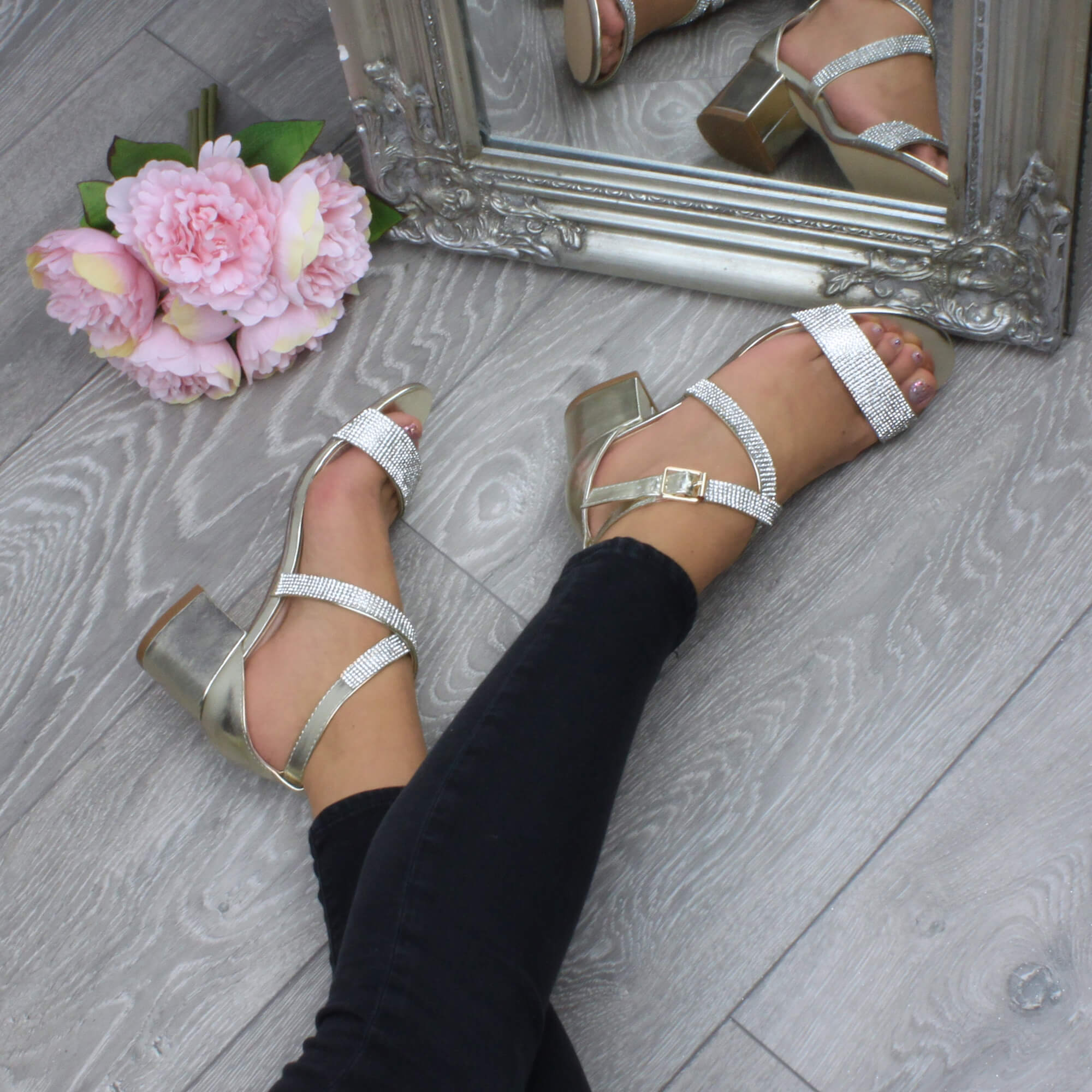 Gold AJVANI Gold Mid Block Heel Crossed Straps Diamante Sandals, Image 5 of 6