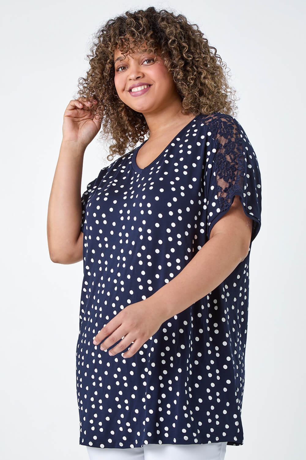Navy Curve Lace Shoulder Polka Dot Stretch T-Shirt, Image 5 of 5