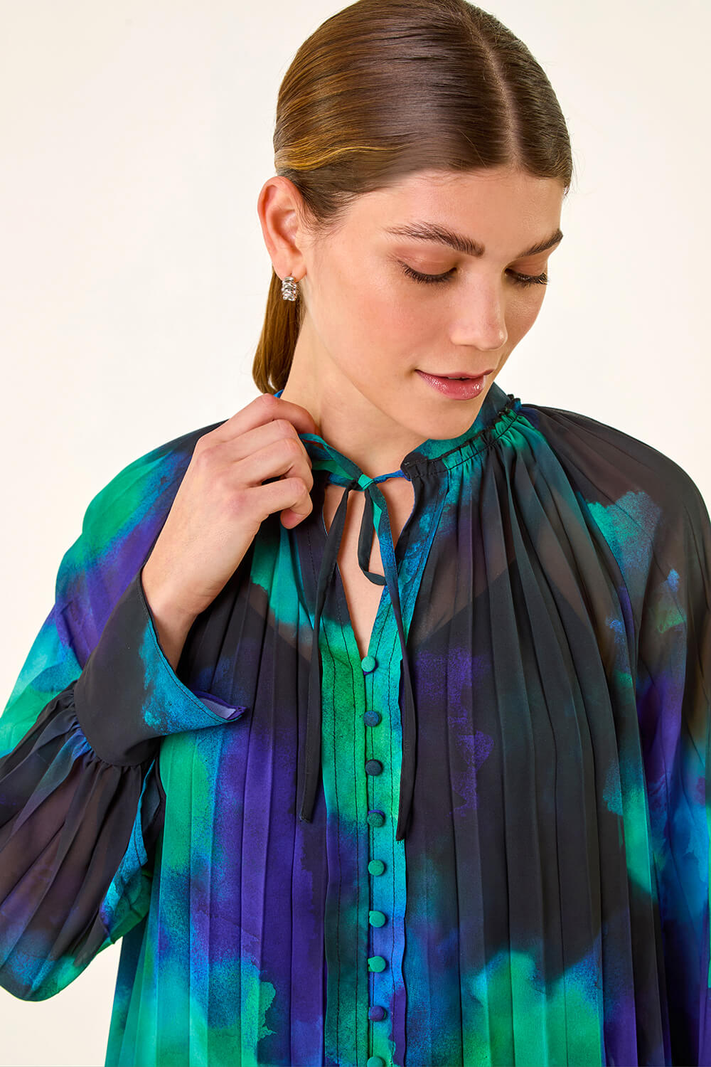 Blue Watercolour Tie Neck Pleated Blouse, Image 5 of 5