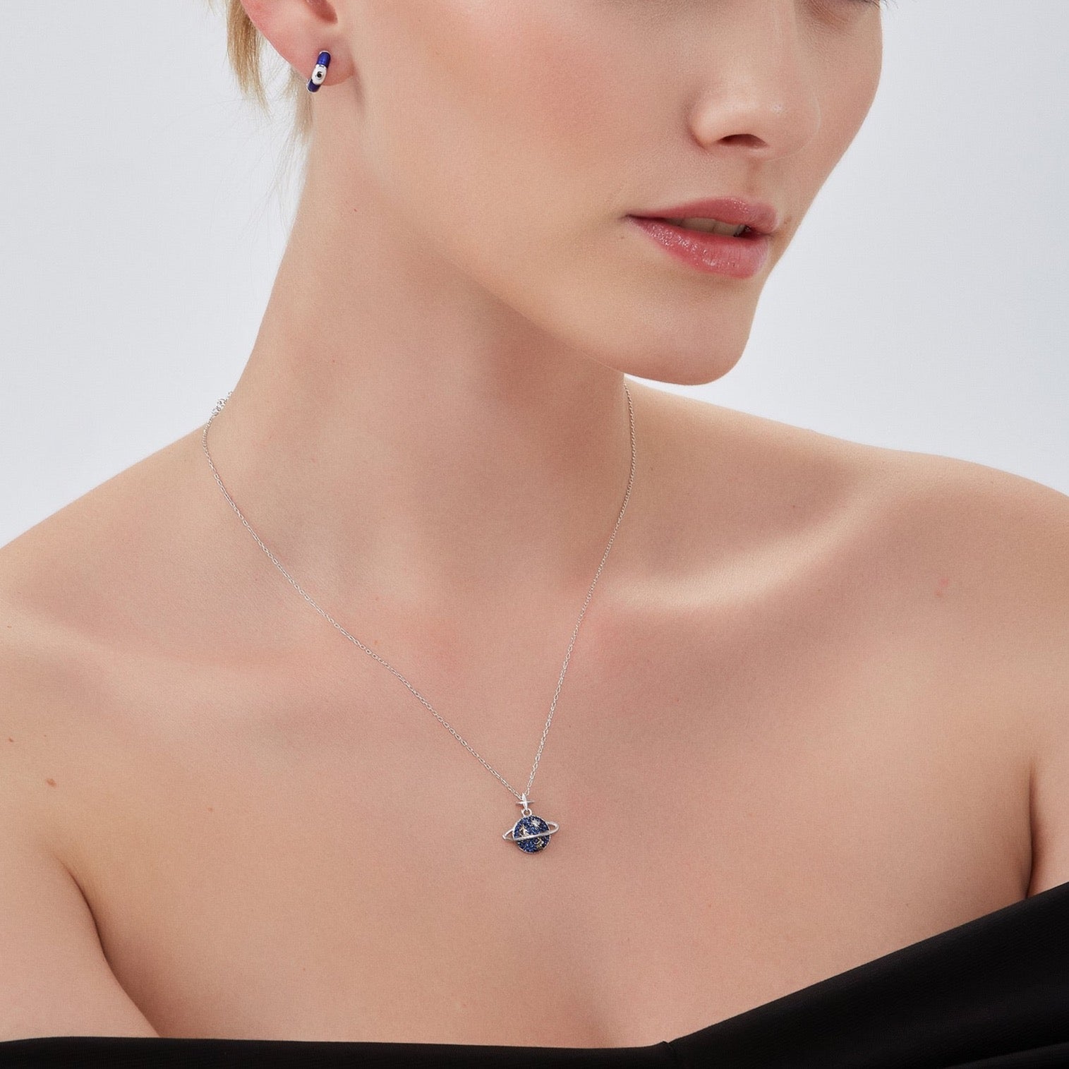 Silver Blue Saturn Jewelled Sterling Silver Necklace, Image 3 of 5