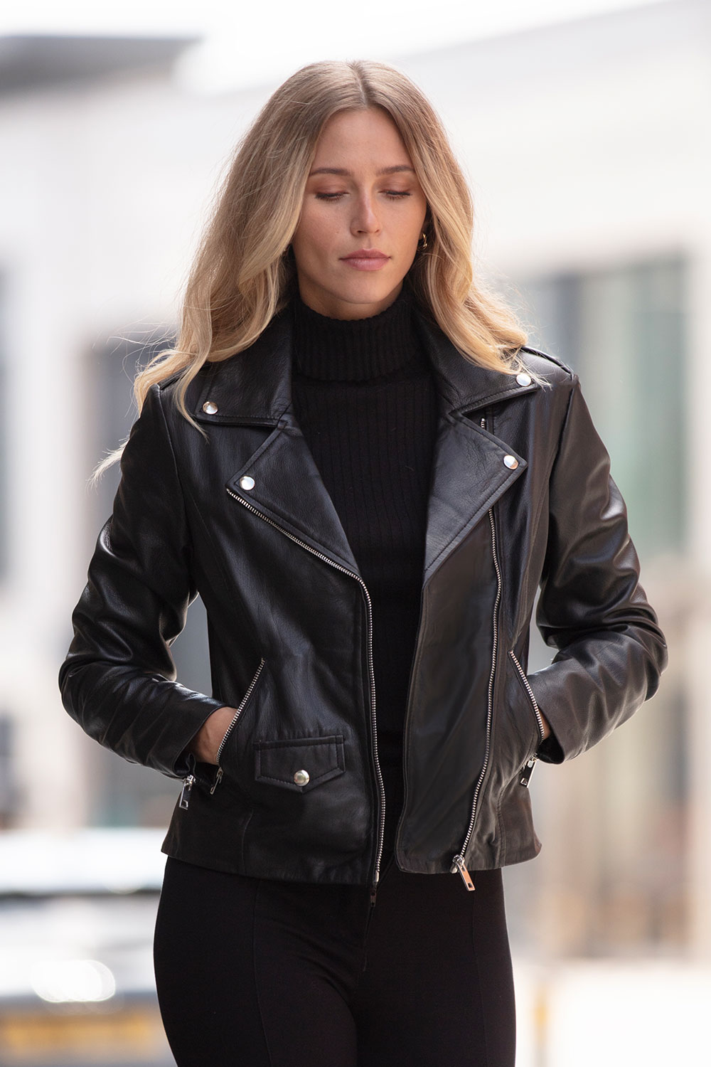 Black 'Fia' Real Leather Biker Jacket Women Coat