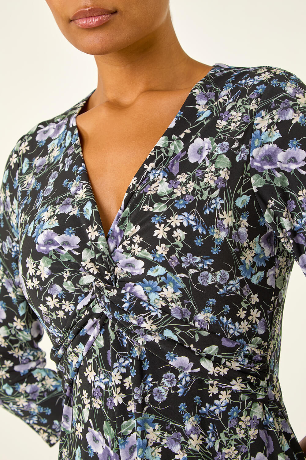 Purple Floral Twisted Front Stretch Midi Dress, Image 6 of 7