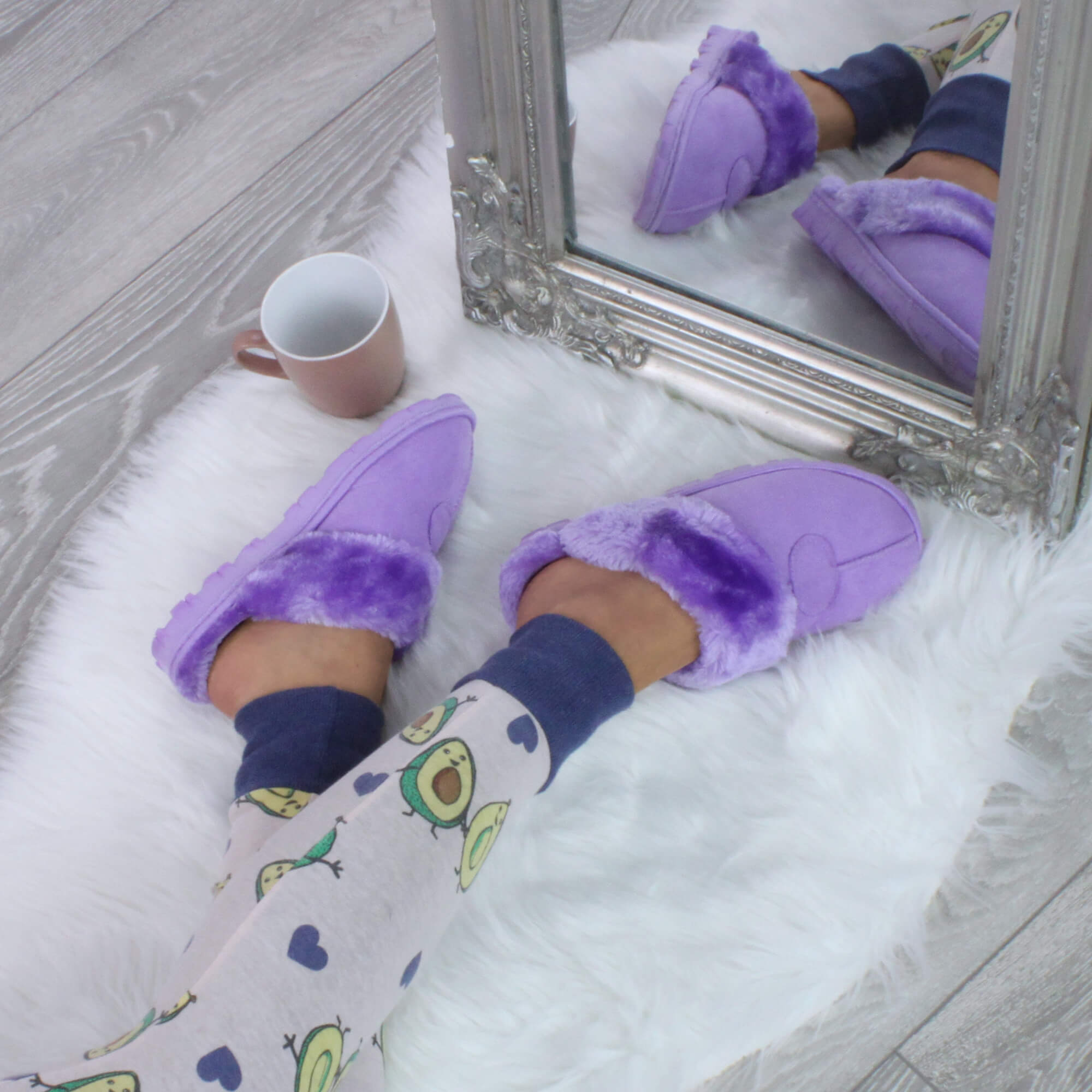 Lilac Faux Fur Lined Slip On Memory Foam Mules Slippers, Image 4 of 5