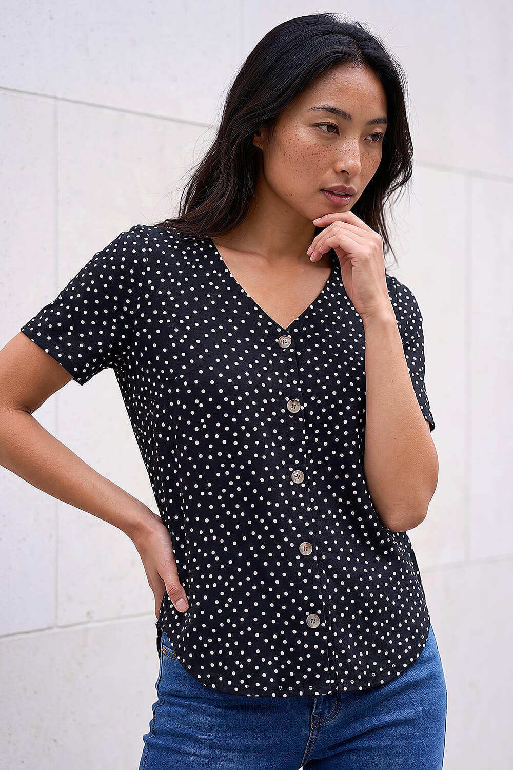 Roman Petite Women's Black V-Neck Buttoned Blouse Size 14