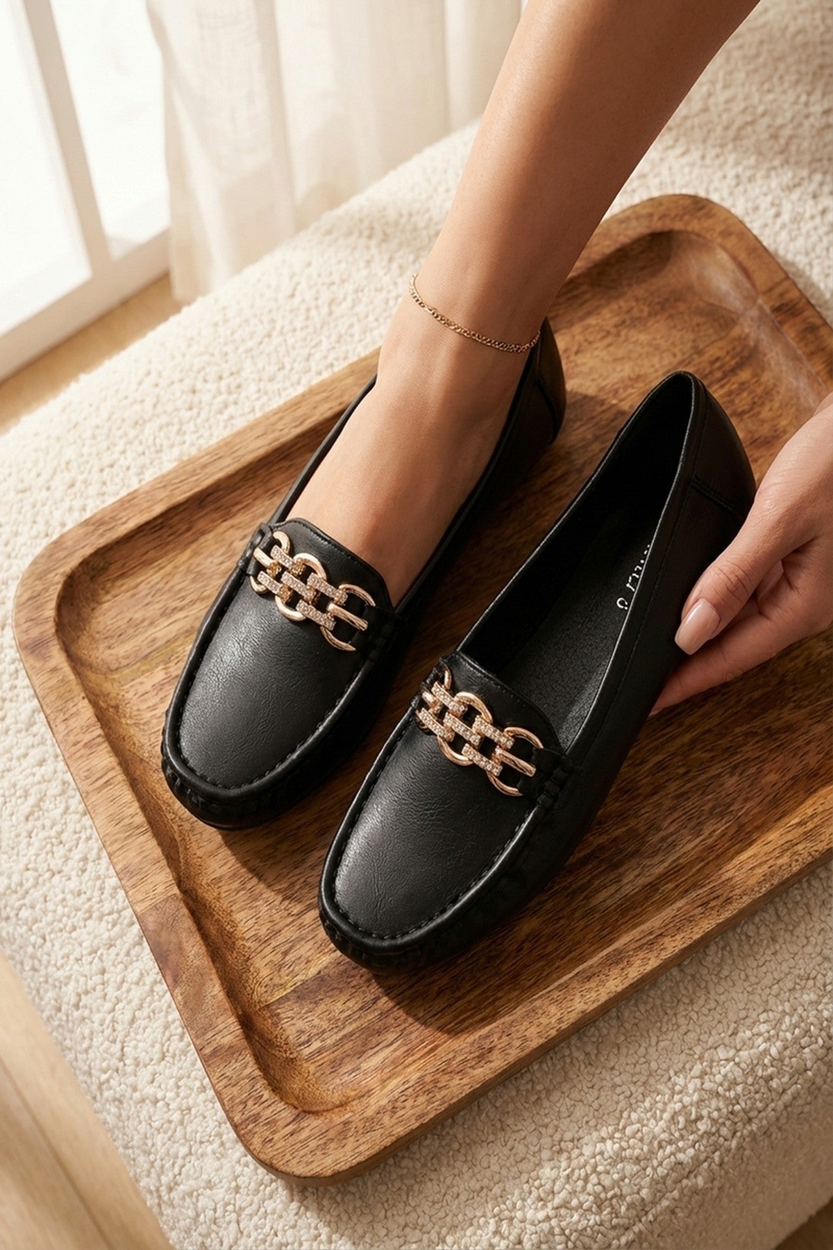 Black iKrush Black Olivia Womens Rhinestone Chain Loafers, Image 5 of 8