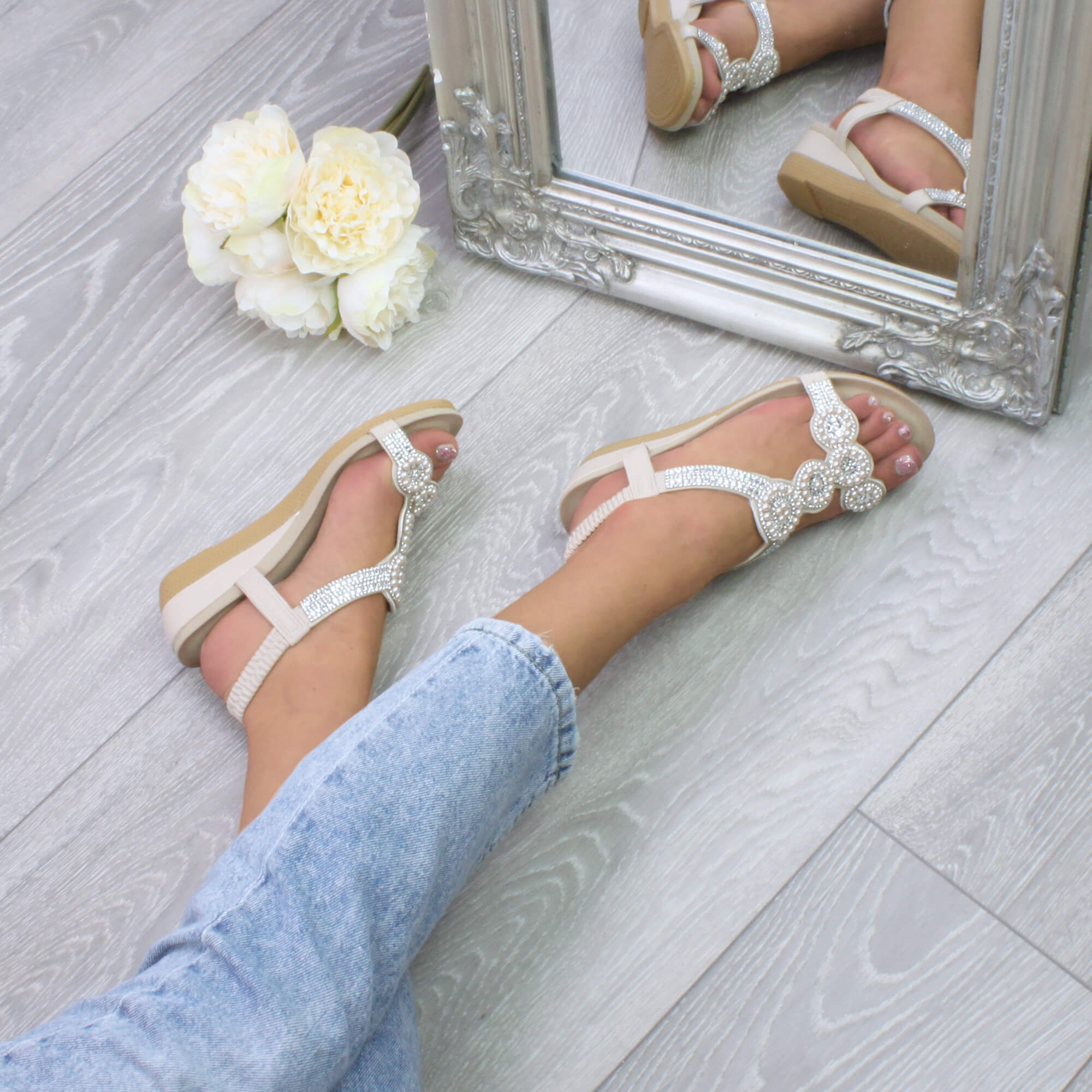Beige AJVANI Beige Mid Wedge Diamante Slingback Sandals, Image 5 of 6