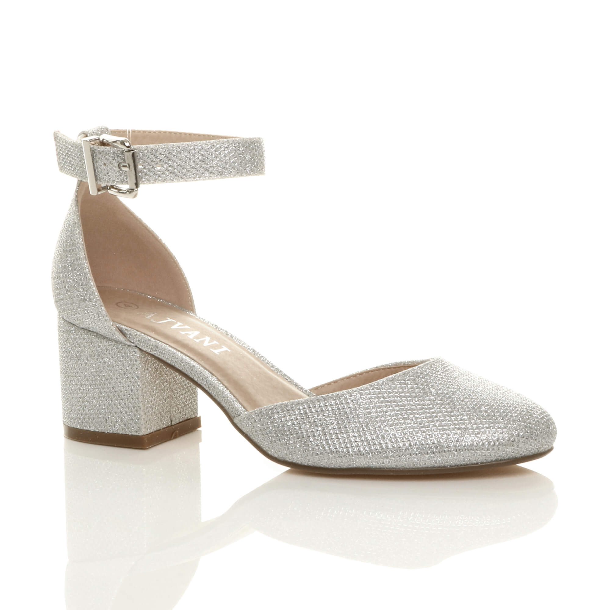 Silver AJVANI Silver Mid Block Heel Ankle Strap 2 Part Heels, Image 1 of 6