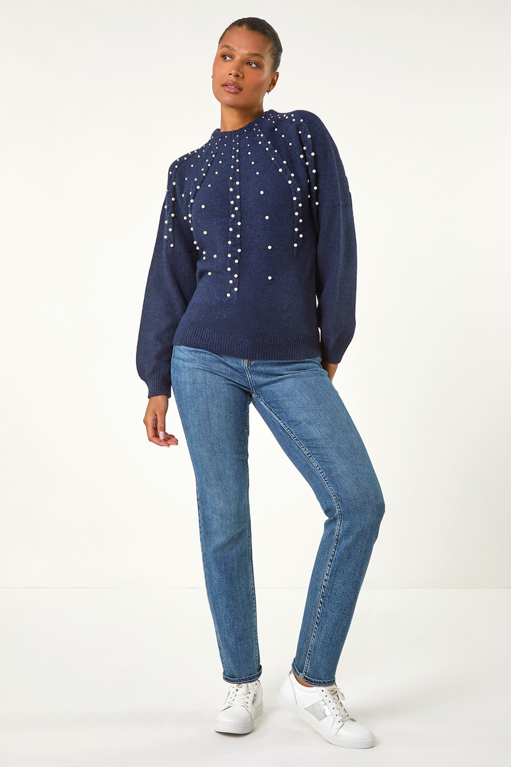 Midnight Blue Faux Pearl Cable Knit Jumper, Image 3 of 5