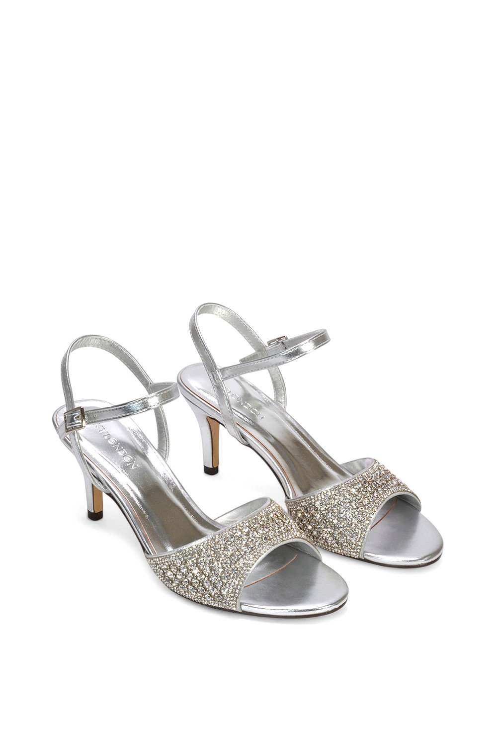Silver 'Kim' Ankle Strap Mid Stiletto Peep Toe Diamante Sparkly Heels, Image 5 of 6