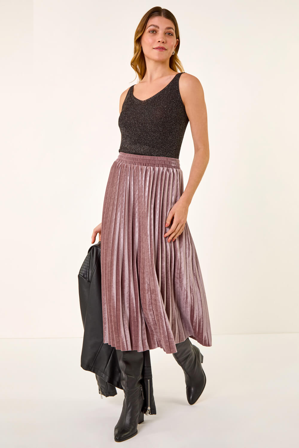 Rose Velvet Pleated Midi Skirt, Image 4 of 5