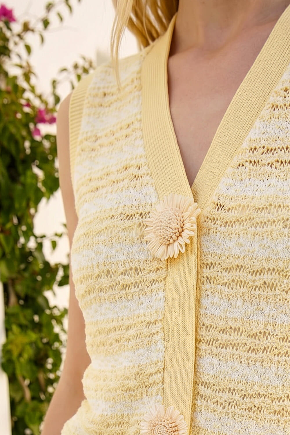 Light Yellow Flower Button Detail Knit Vest, Image 5 of 4