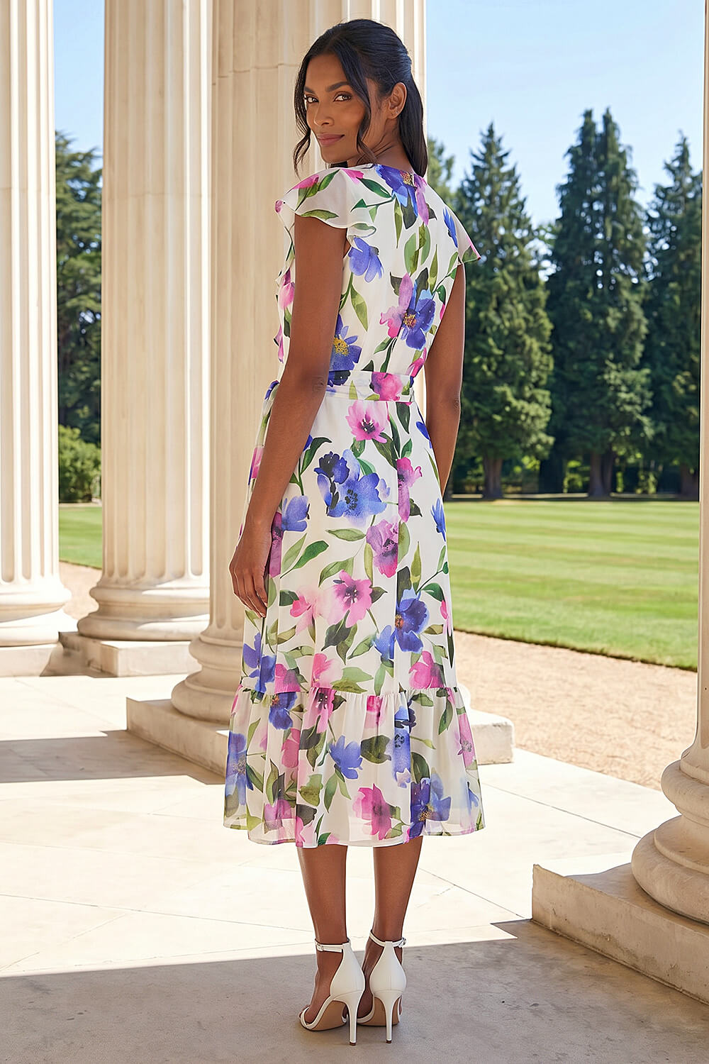 White Floral Frill Wrap Midi Dress, Image 4 of 4