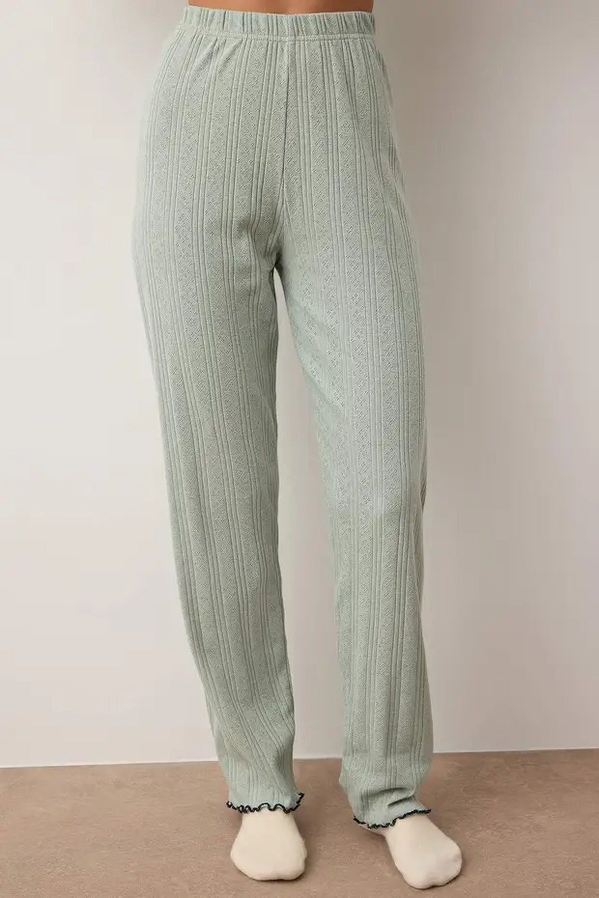 Mint WOVCOR Mint Button Through Pointelle Ribbed Long Sleeve Knit Pyjama Set, Image 3 of 3