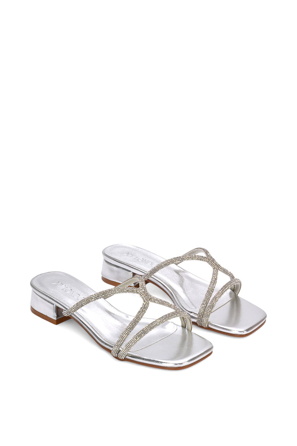Silver XY LONDON Silver 'Olivia' Strappy Low Block Heel Diamante Sandals With Square Toe, Image 5 of 6