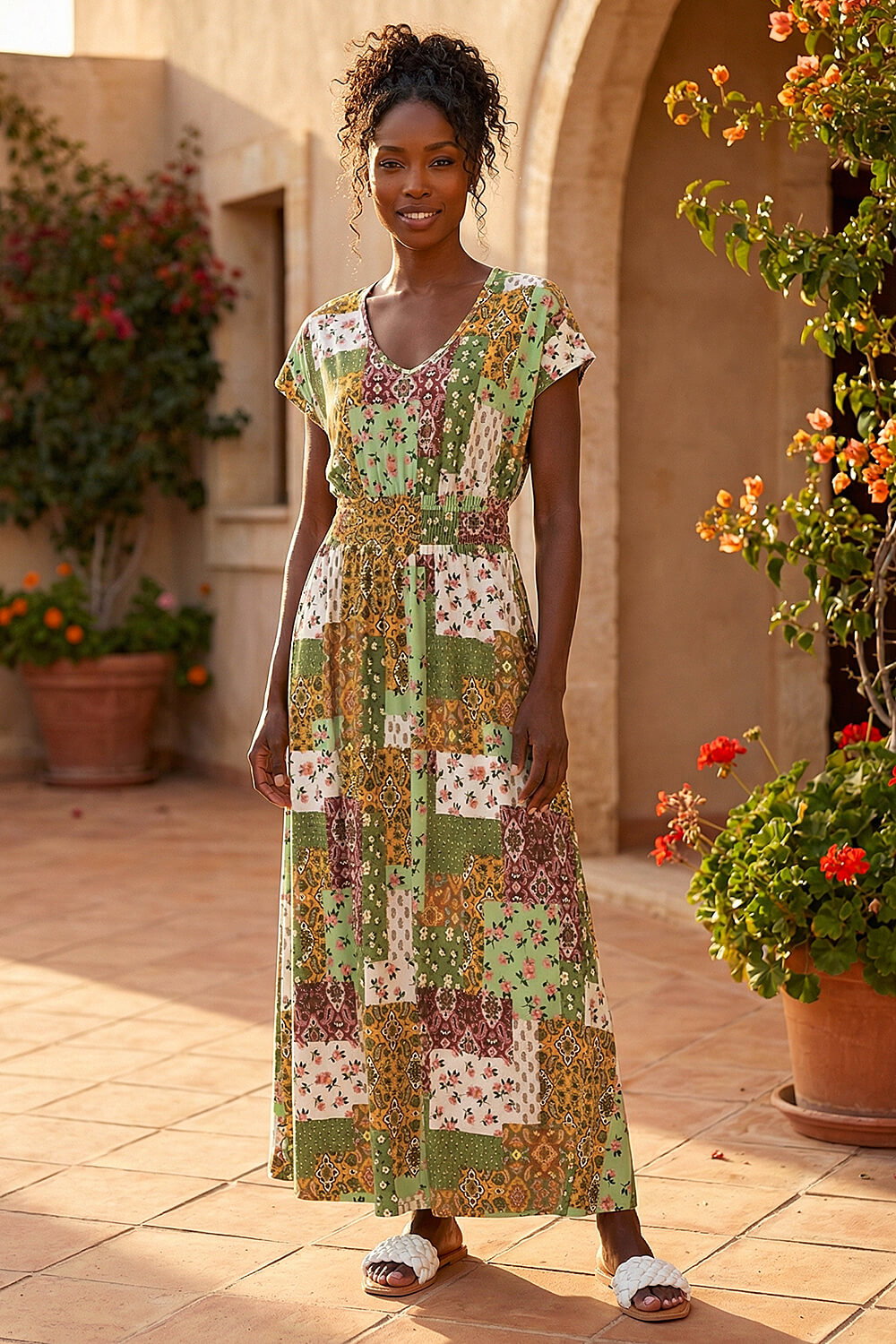 Khaki Stretch Patchwork Shirred Maxi Dress, Image 3 of 4