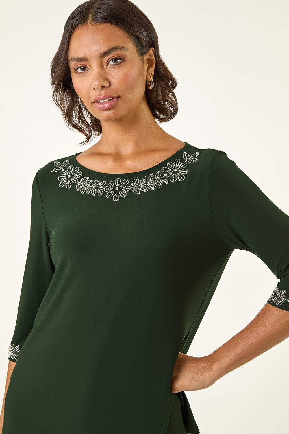 Dark Green Embellished Stretch Tunic Top, Image 6 of 6