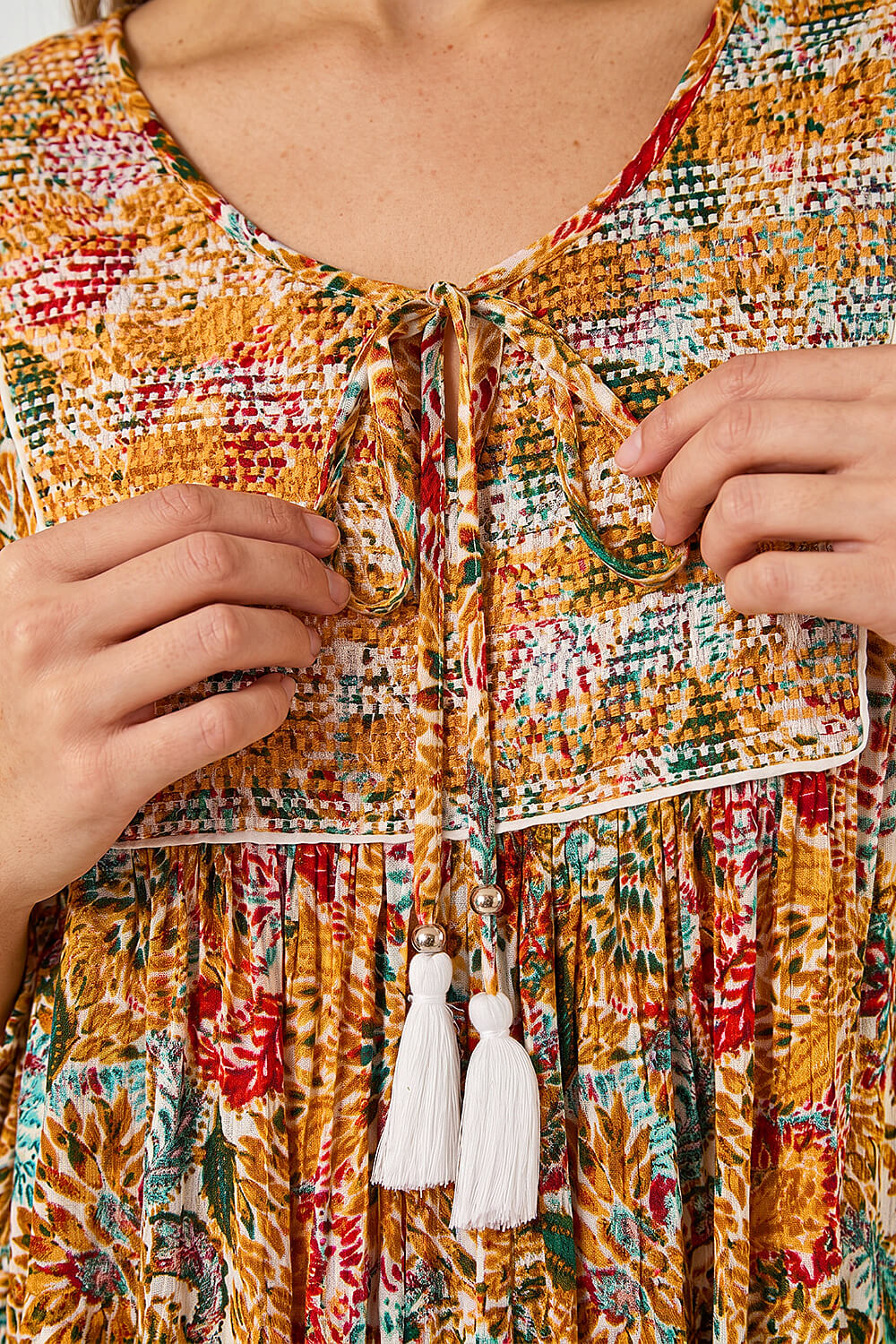 Ochre Floral Textured Stitch Tunic Top, Image 5 of 4