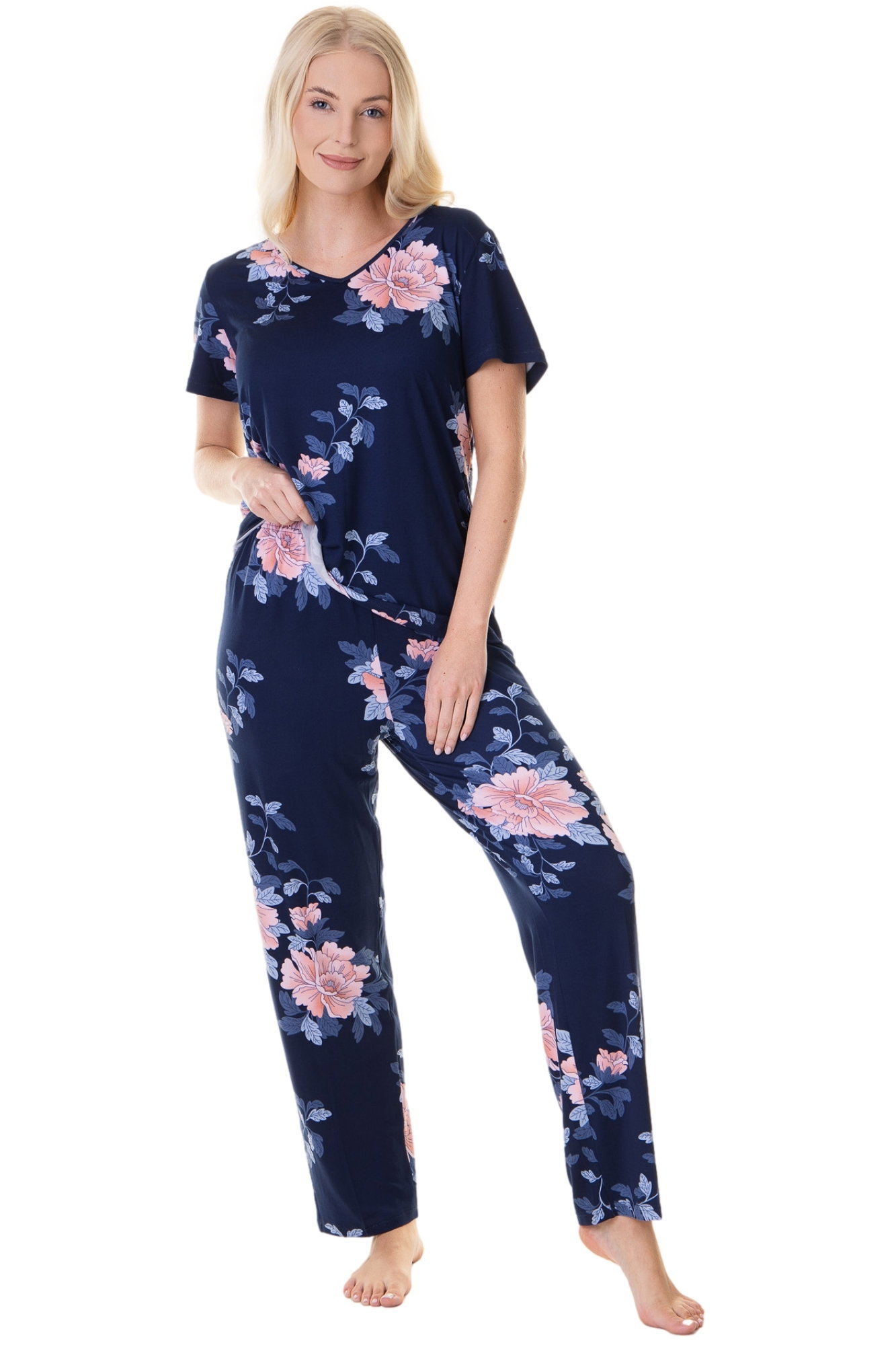 Navy Camille Lingerie Navy Lightweight Floral Print Pyjama Set, Image 1 of 5