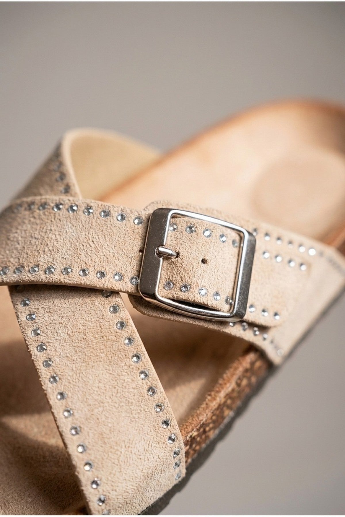 Beige Ruby Womens Studded Criss Cross Slide Sandals, Image 3 of 3