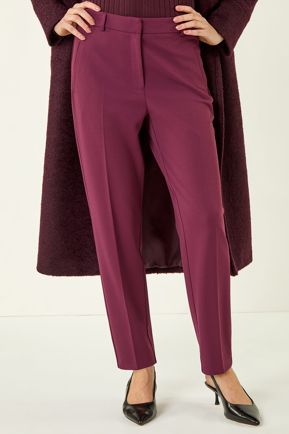 Aubergine Short Straight Leg Stretch Trouser, Image 5 of 5