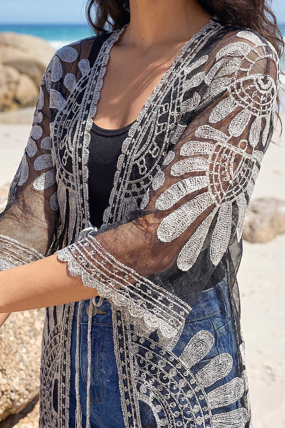 Black Dusk Floral Crochet Lace Kimono, Image 5 of 4