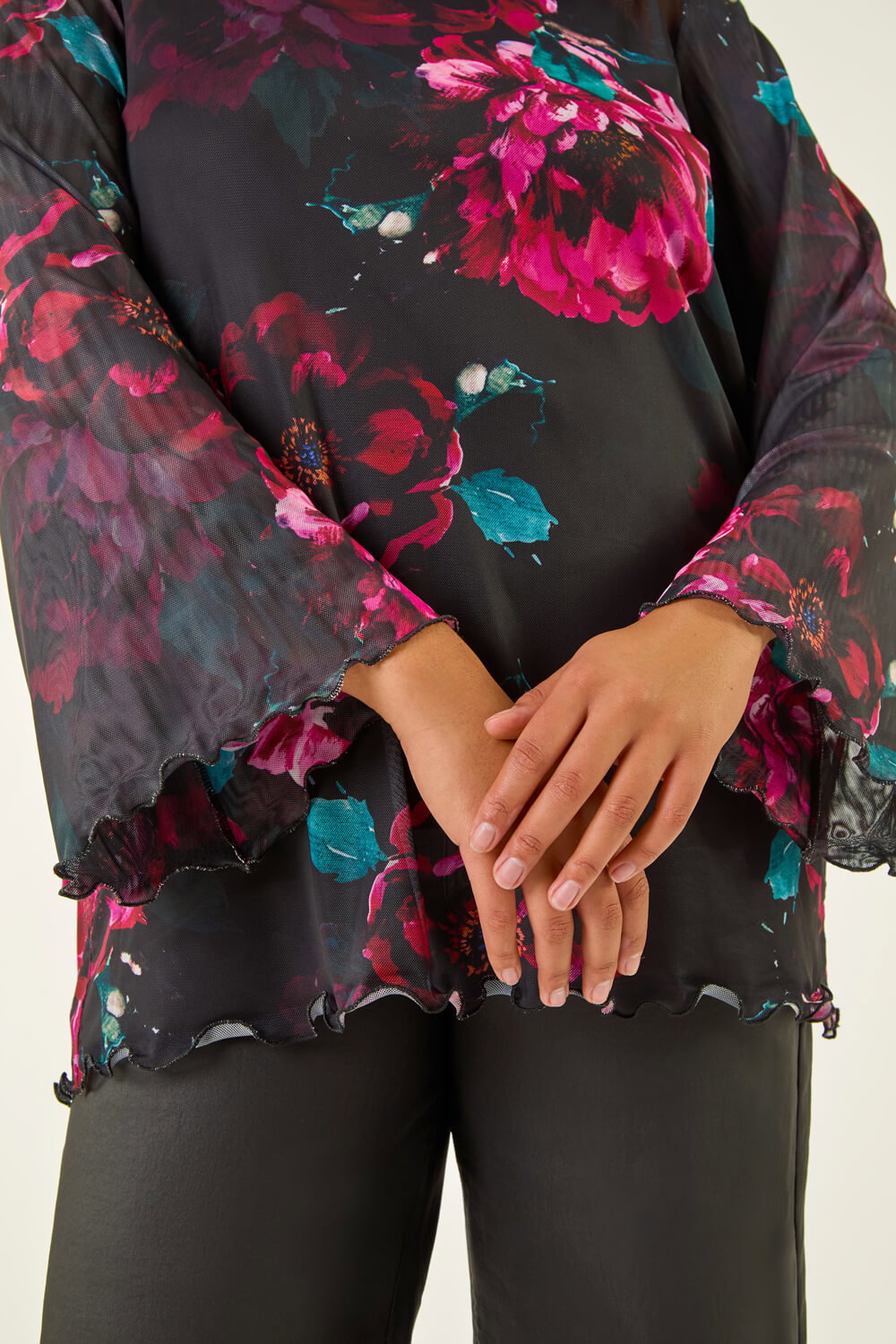 Red Curve Floral Mesh Print Top, Image 7 of 8
